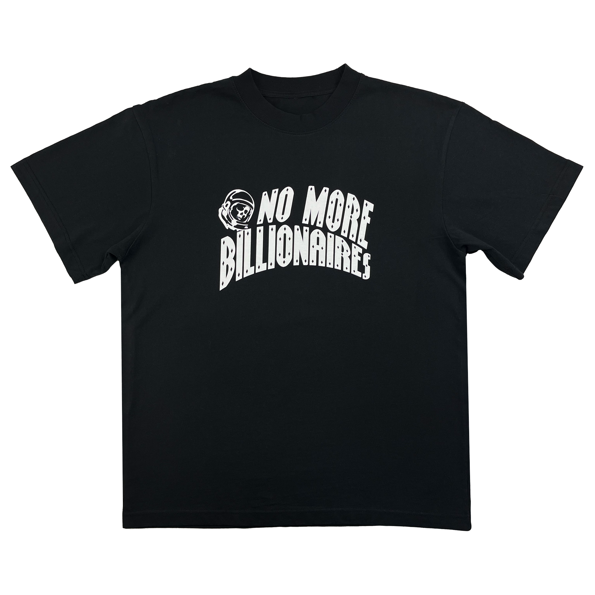 The BOSK No Billionaires Tee is a black classic fit t-shirt made from 100% cotton, featuring "No More Billionaires" in white with a beanie-wearing, glasses-clad figure graphic, all on a transparent background for versatile layering.