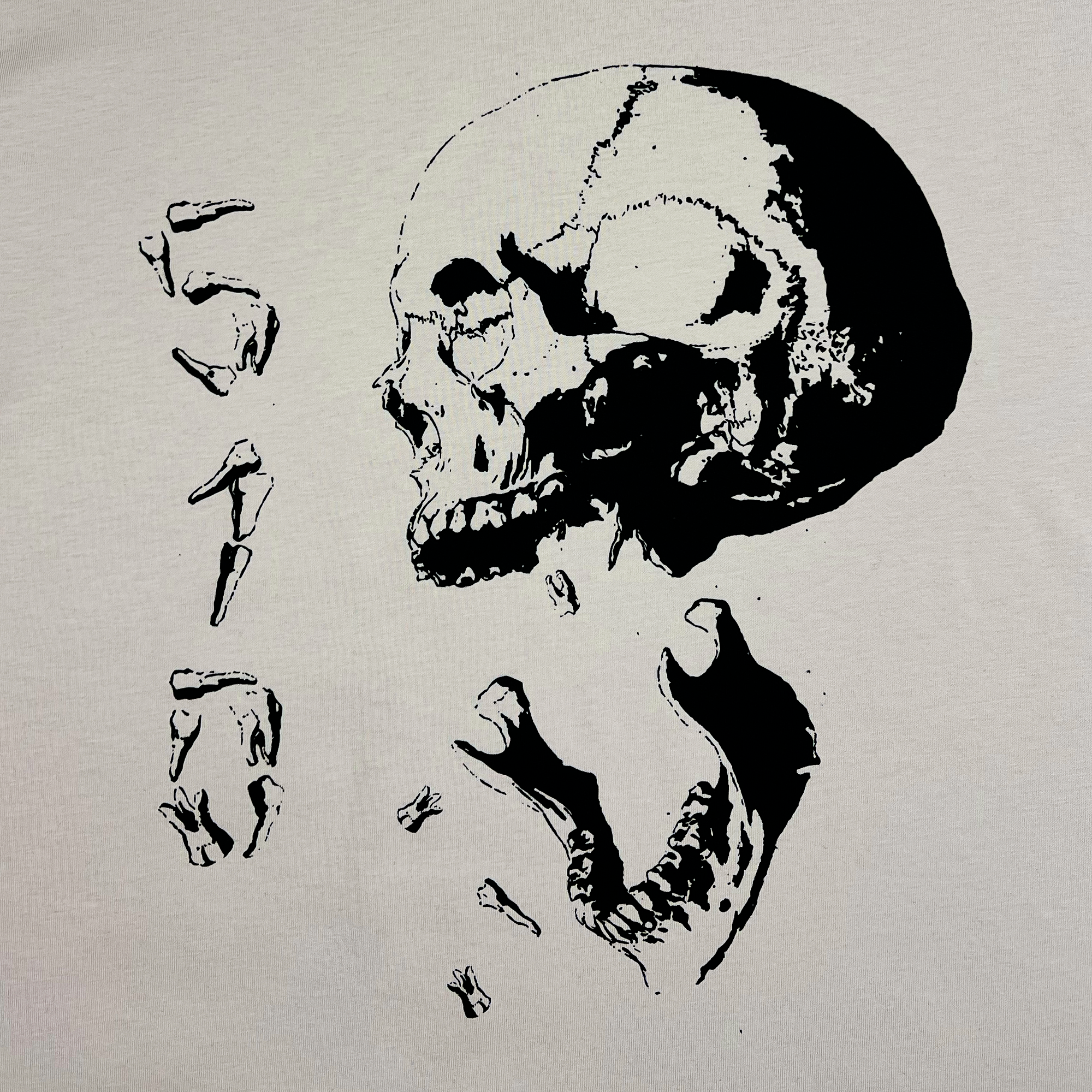 The No Dental Tee by Oaklandish features a monochromatic illustration of a human skull facing left, printed on a 100% cotton classic fit t-shirt. Beneath the skull, separated jawbone pieces add intricate detail. Stylized Japanese kanji characters, drawn in black ink, adorn the left side of the design, all set against a plain, light-colored background.