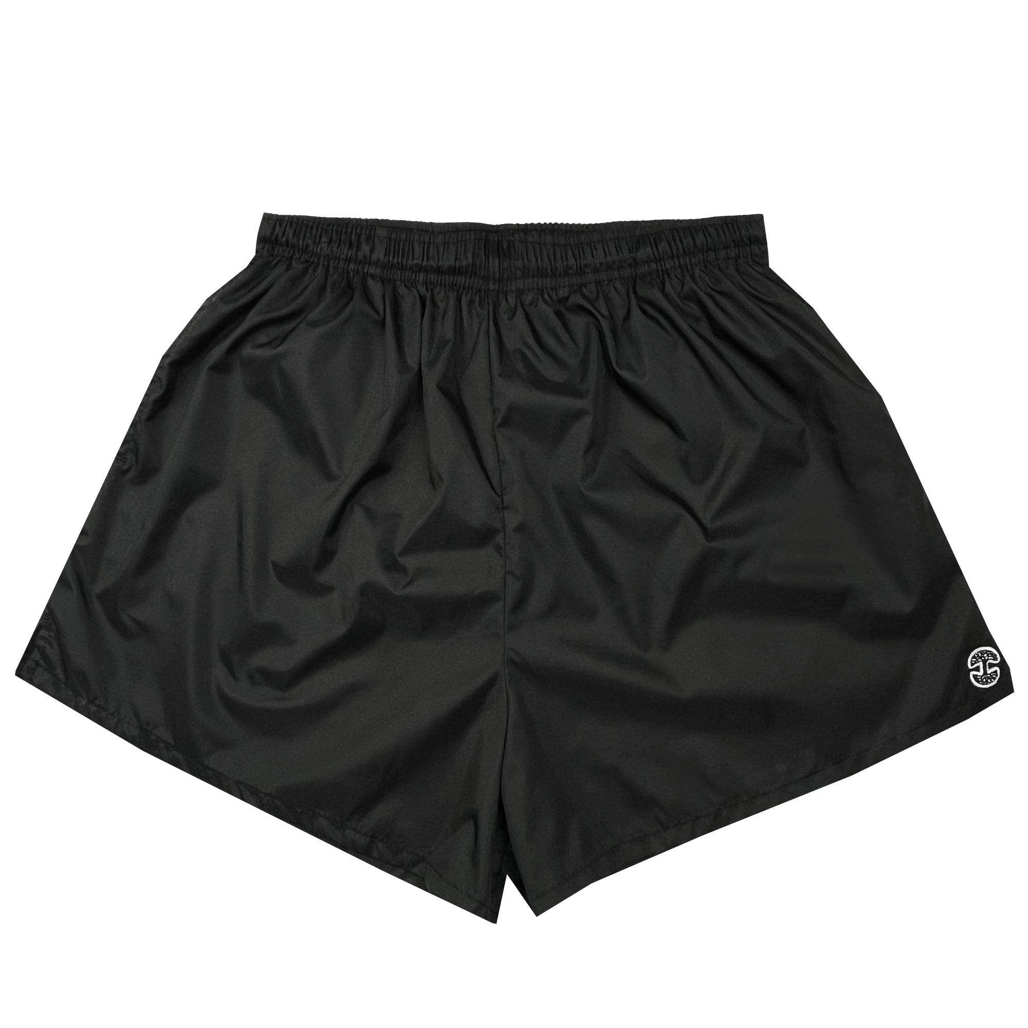 The Women's Bandit Nylon Short from Oaklandish features a sleek black nylon taffeta design with a high waist cut and an elastic waistband, ensuring both comfort and style. The lightweight, moisture-wicking material has a slight sheen, adding to its appeal. The shorts are adorned with a small, white circular logo showcasing a stylized "S" on the lower right leg, beautifully presented against a white background.