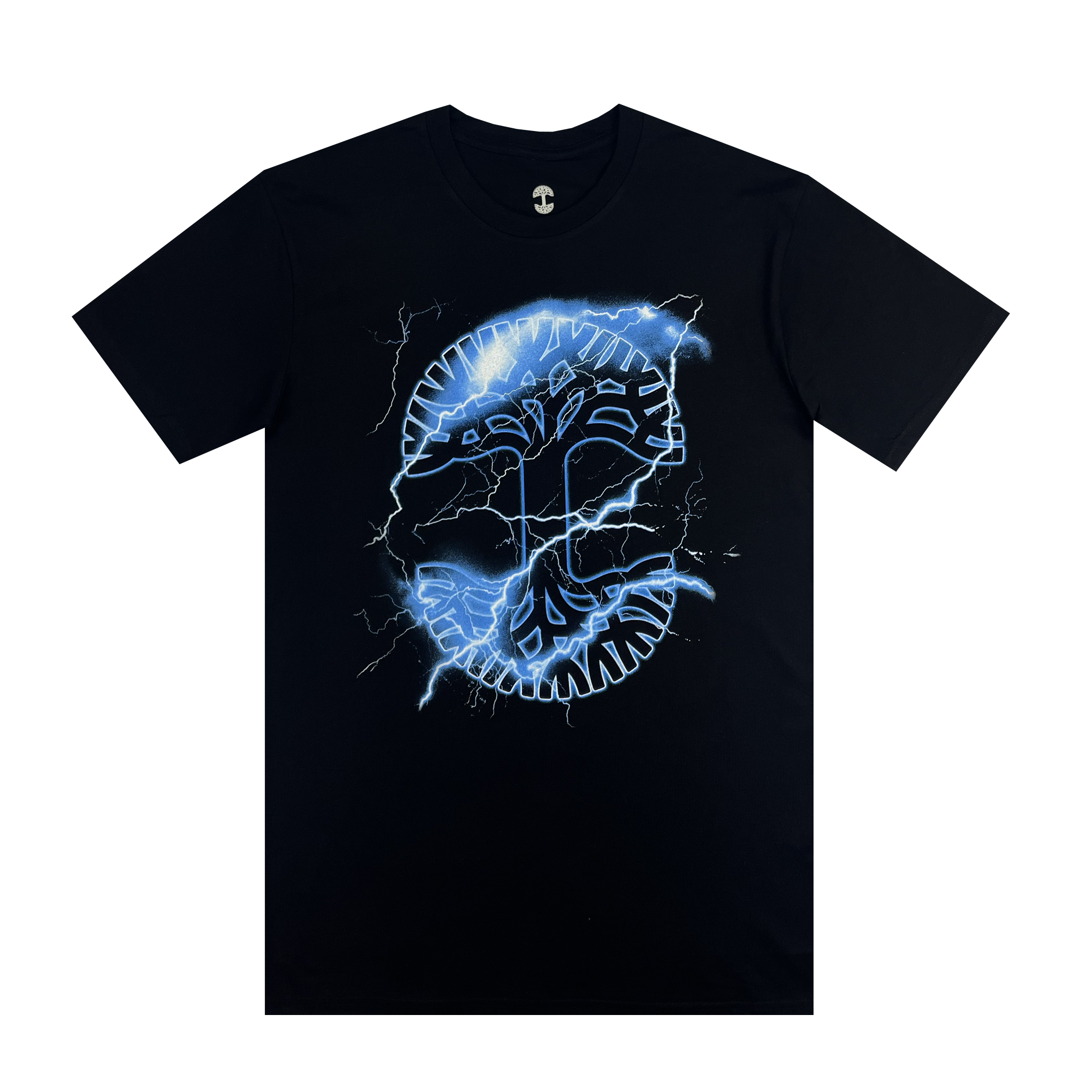 Introducing the Oak Lightning Tee from Oaklandish, a classic fit, 100% cotton black T-shirt from our men's collection. It features an electrifying blue and white brain imprint design in the center with jagged lines and sparks that give it a dynamic appearance. The shirt is displayed flat with a round neckline.