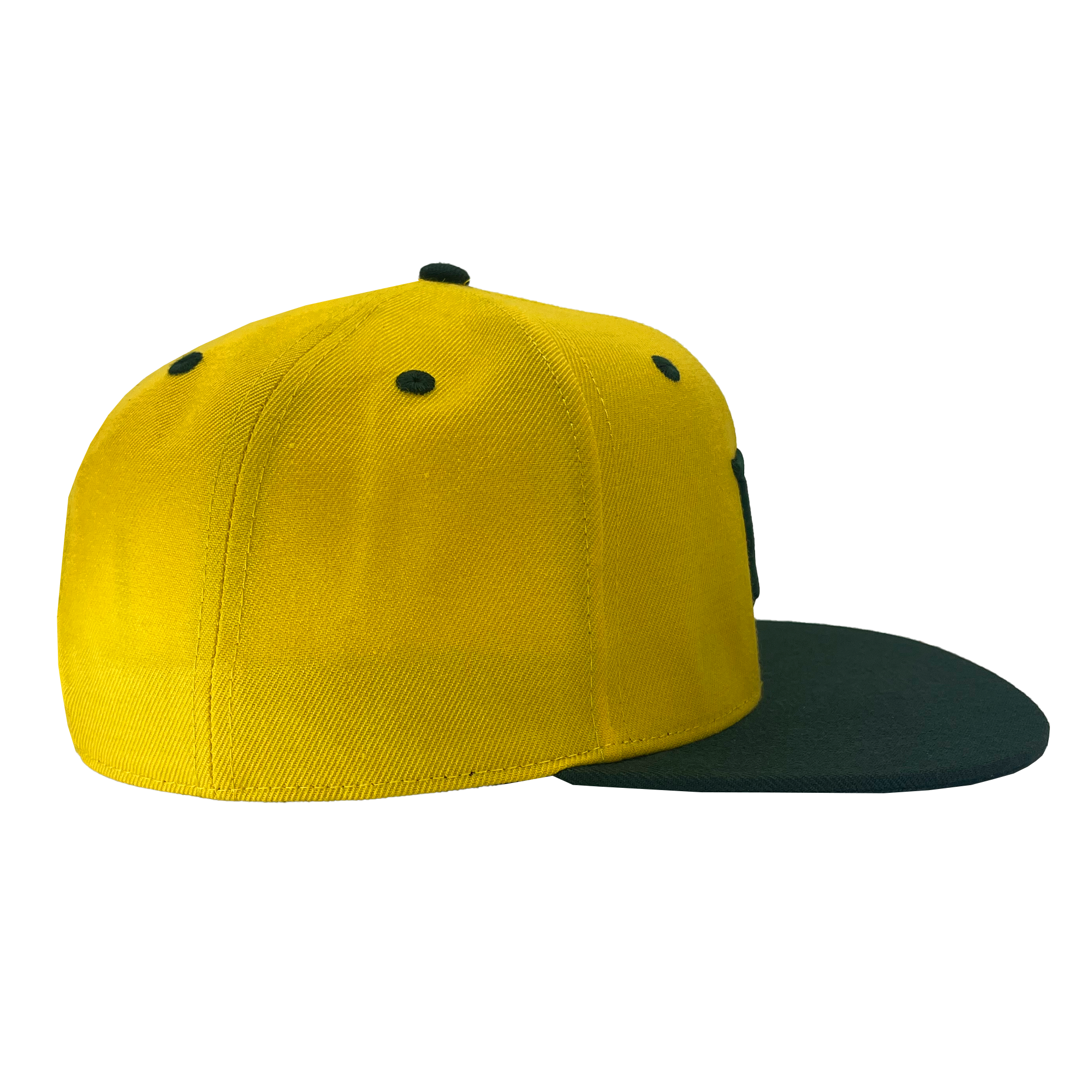 The Oakland Ballers Snapback is a yellow baseball cap featuring a flat, dark green brim and matching green button details on the top, along with ventilation eyelets. The side view highlights the smooth, uninterrupted yellow fabric. Ideal for any Oakland Ballers fan or Pioneer League enthusiast, this hat is displayed against a plain white background.