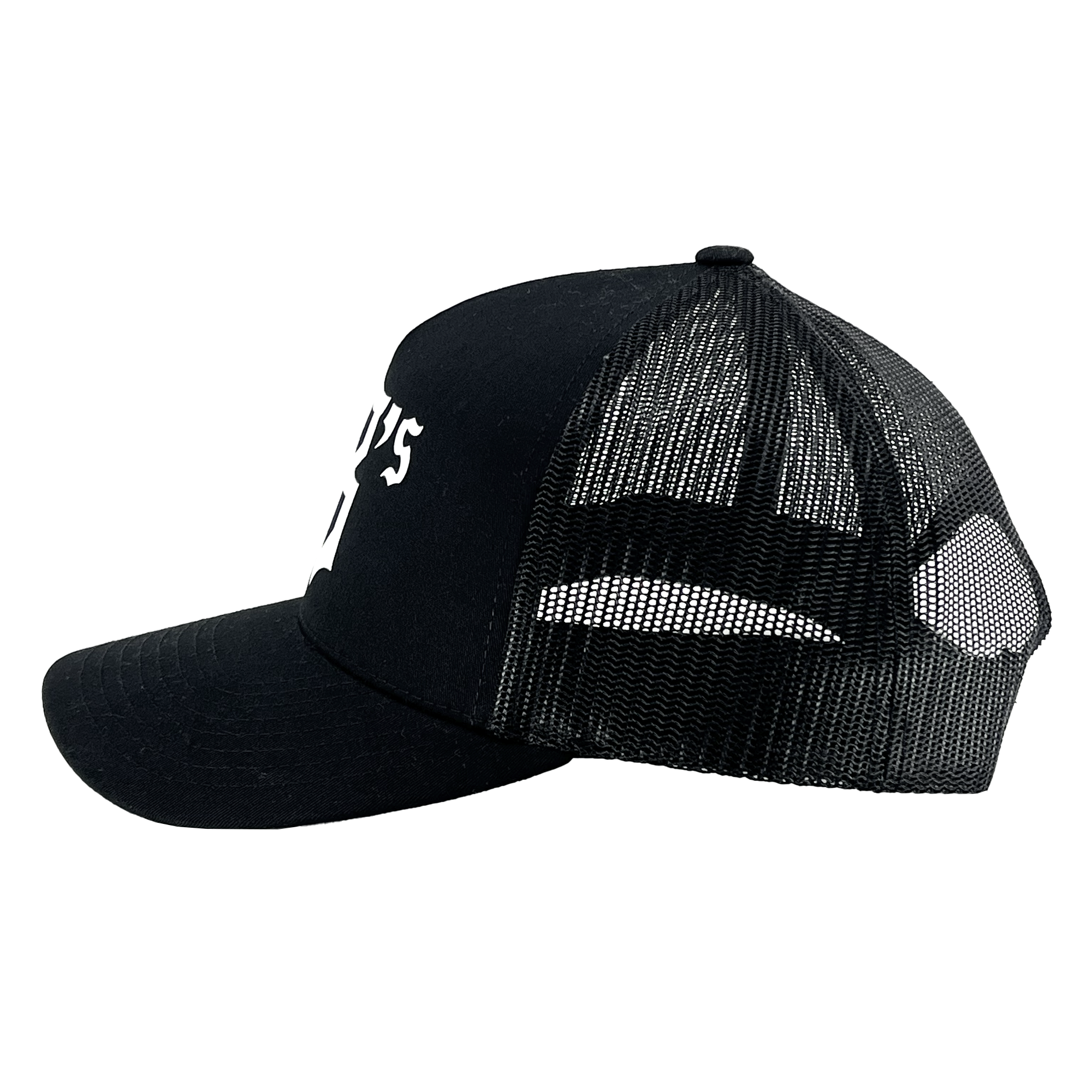 Side view of the Oakland Ballers B Trucker hat showcasing its semi-curved bill, solid black front panels, and black mesh back panels. The white "Oakland Ballers" text on the front is partially visible but mostly cut off. The adjustable snap closure at the back is partially seen through the mesh.