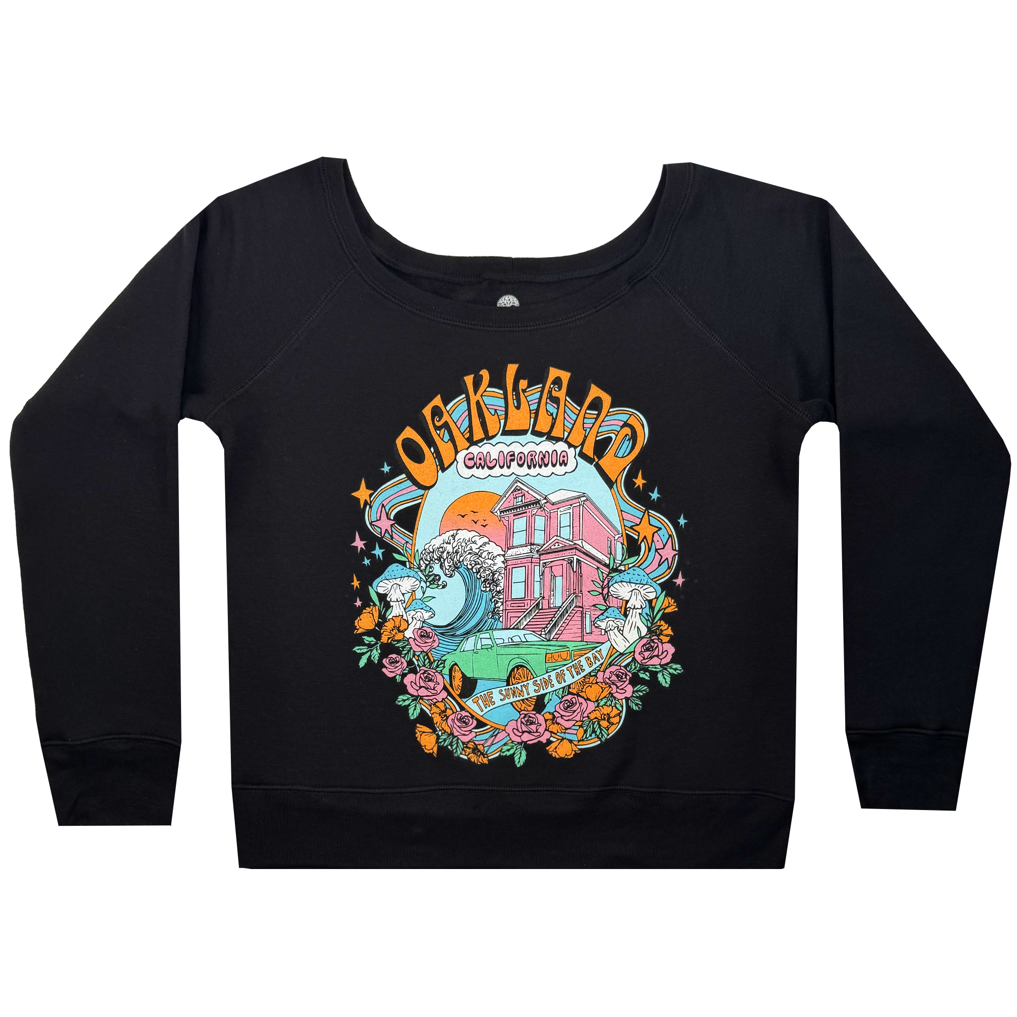 The Women's Oakland Dream Crew by Oaklandish is a black crewneck sweatshirt with a colorful design of a pink house, ocean waves, and a mountain sunset. It features the text "Oakland, California" and "Endless Summer," surrounded by roses and greenery.