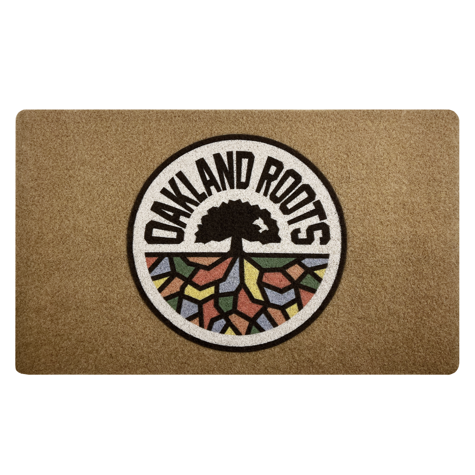 The Oakland Roots SC Door Mat by Oakland Roots SC showcases a circular logo depicting a stylized tree with roots resembling vibrant, mosaic-like city blocks. The text "OAKLAND ROOTS" surrounds the tree in bold, black letters on a white background, reflecting the team's commitment to social good.