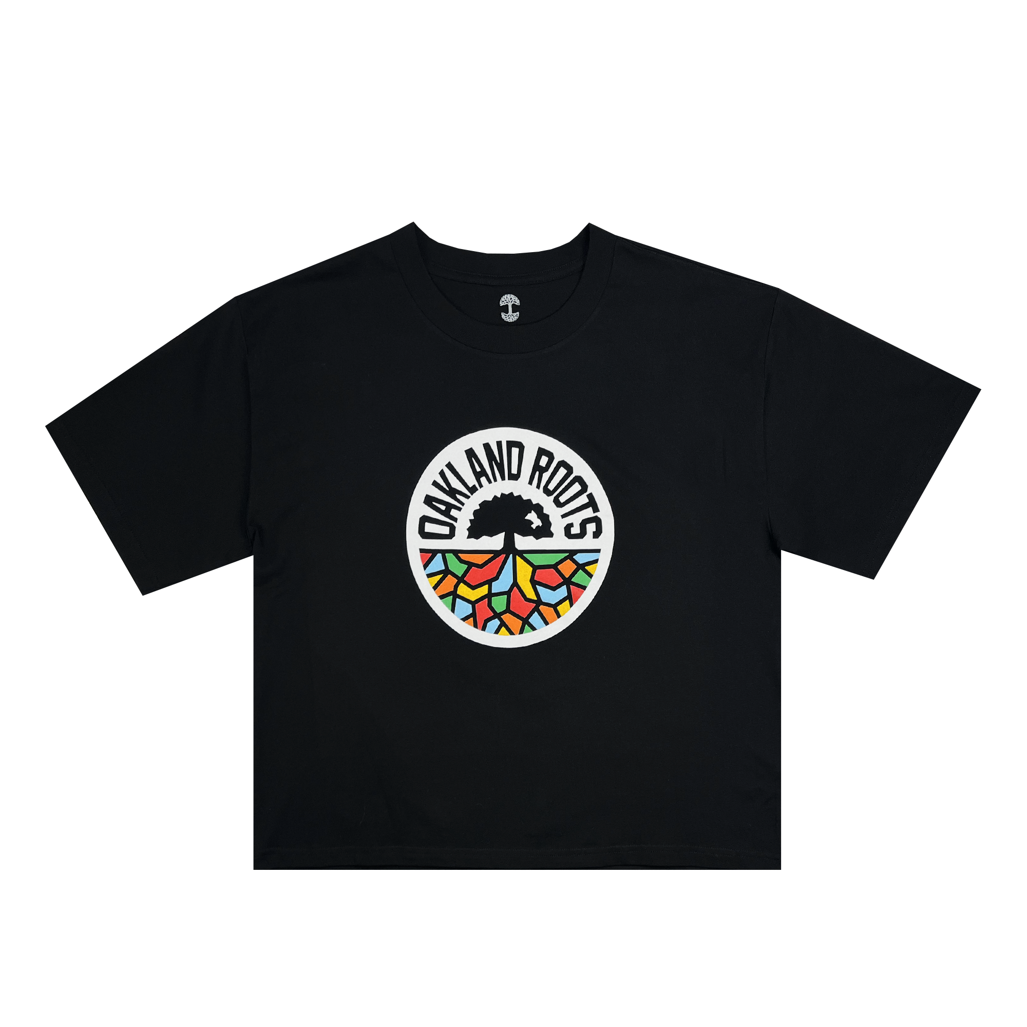 The Women's Oakland Roots SC Classic Relaxed Tee showcases a striking black design with a circular logo at the center. This vibrant motif features a tree with multicolored roots spreading out below, and the text "OAKLAND ROOTS" arches above, representing the dynamic spirit of Oakland Roots SC. The colorful design creates a captivating contrast against the black fabric.