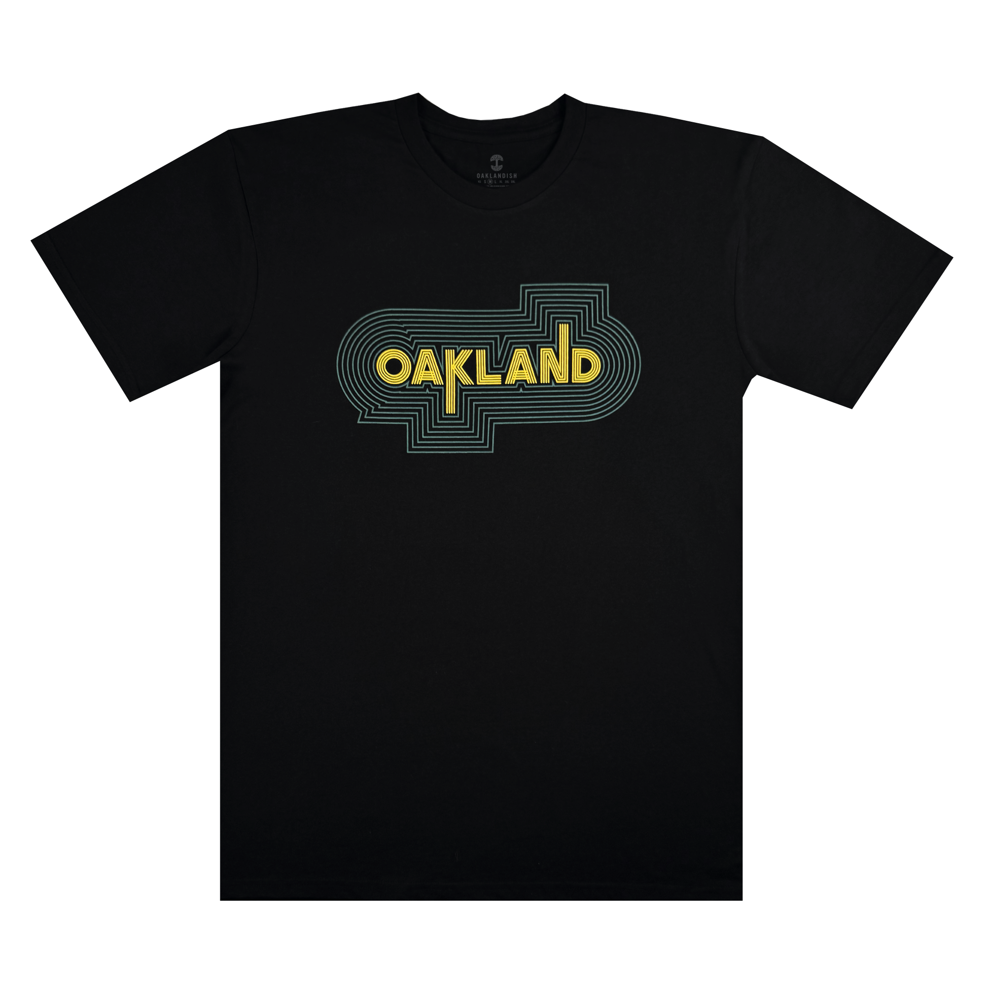 The Oaklandish '68 Tee is a black T-shirt featuring "OAKLAND" in yellow within a teal geometric pattern, capturing the city's vibrant spirit with a sports-inspired design.