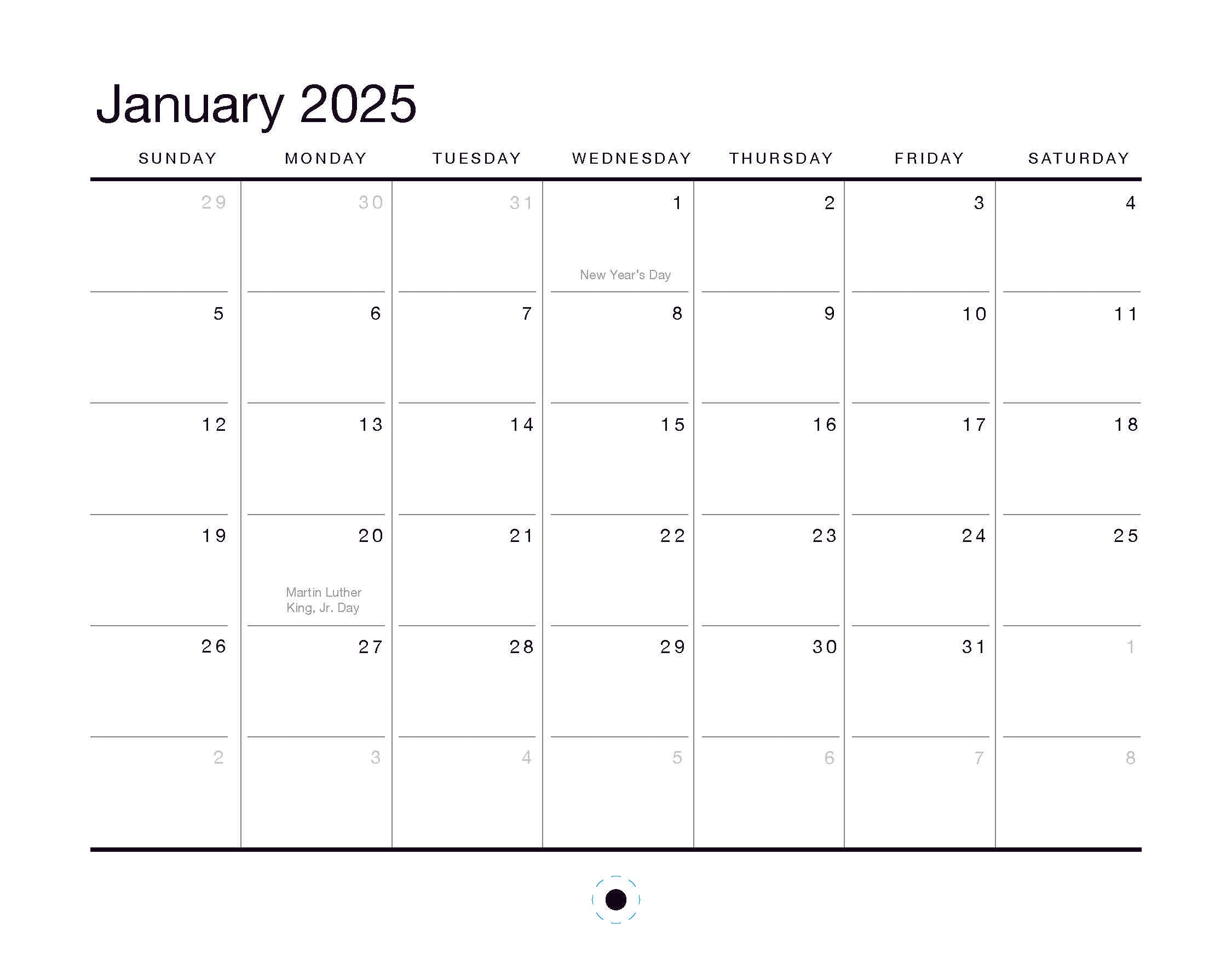 The Oaklandish 2025 Calendar is a simple accessory starting January on a Wednesday, featuring notable holidays like New Year's Day on the 1st and Martin Luther King Jr. Day on the 20th. Weeks are organized in a grid format, with Sunday as the first day.