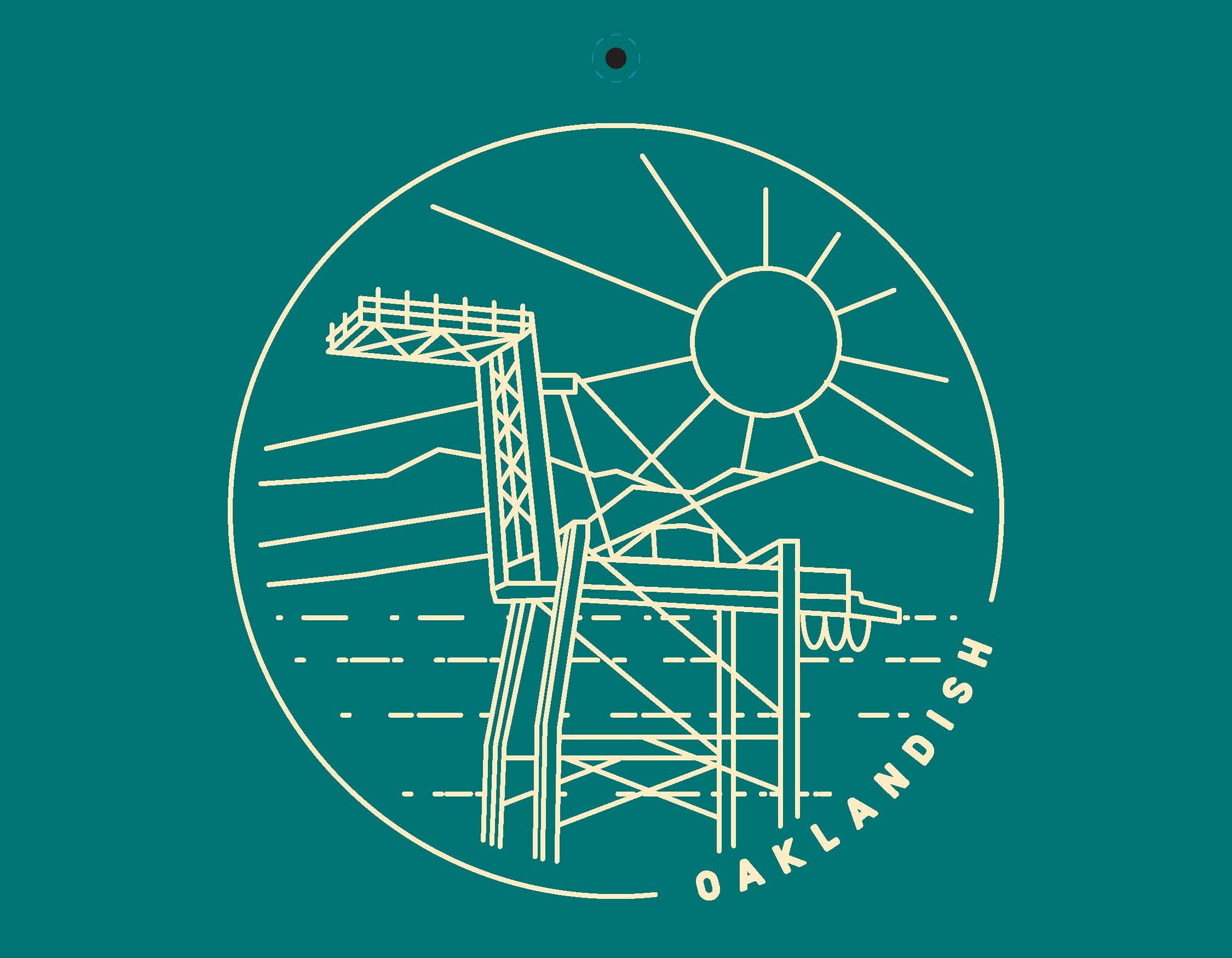 The Oaklandish 2025 Calendar showcases a stylized crane with geometric lines forming the sun and sky on a teal background, featuring "OAKLANDISH" curved at the bottom right, creating an urban, artistic vibe—ideal as a unique accessory for your 2025 calendar.