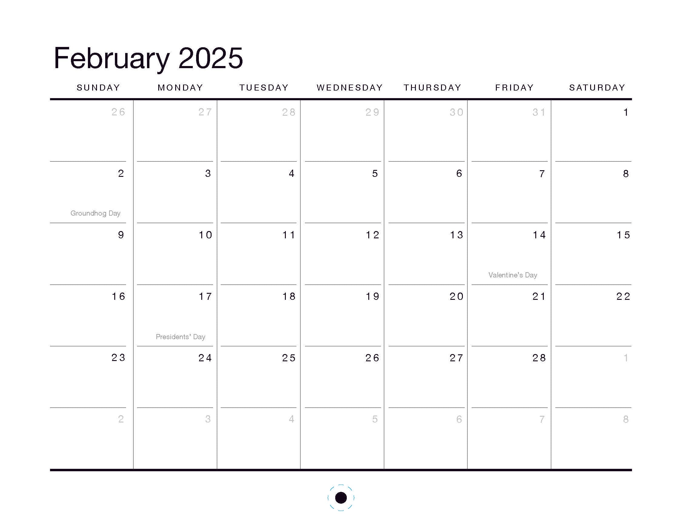 The Oaklandish 2025 Calendar by Oaklandish showcases a minimalist design ideal for your accessories. It marks holidays like Groundhog Day (2nd), Valentine's Day (14th), and President's Day (17th) in a handy Sunday-to-Saturday setup.