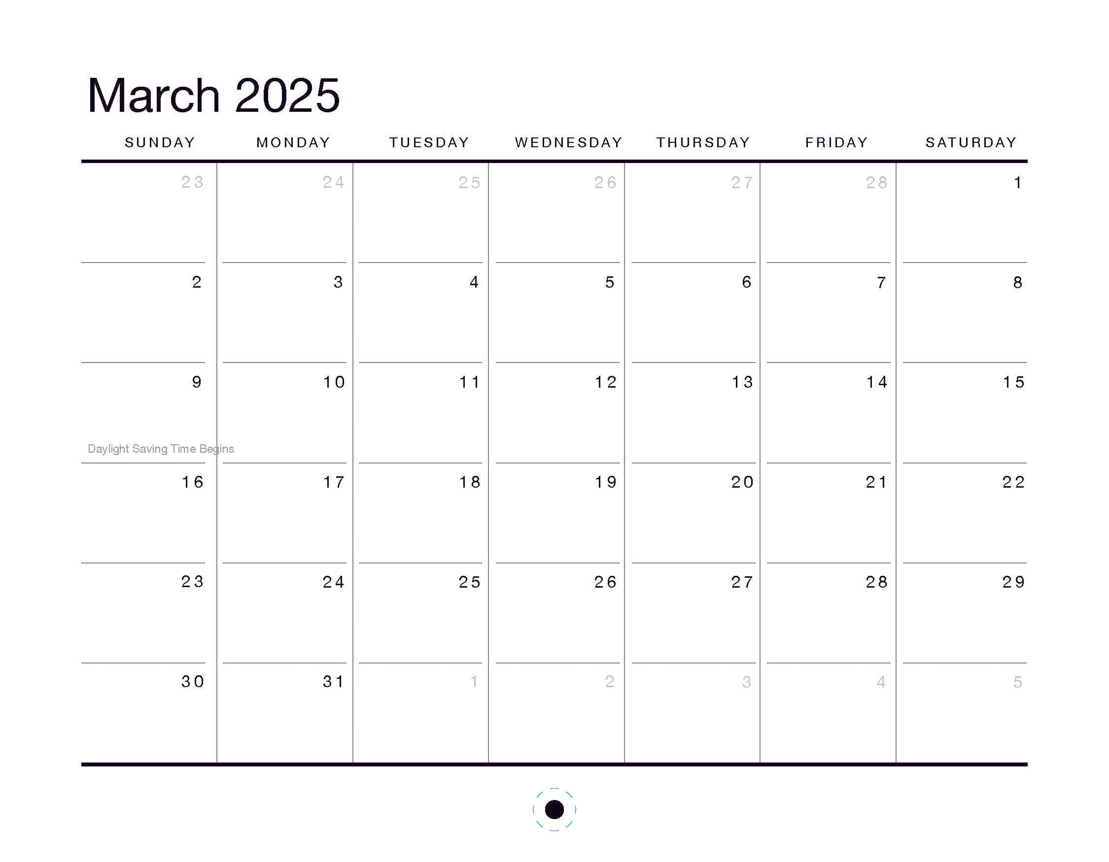 The Oaklandish 2025 Calendar features a minimalist March page with black text on a white background. The month starts on a Saturday, ends on a Monday, and includes "Daylight Saving Time Begins" on Sunday the 9th—ideal for organizing your schedule stylishly.