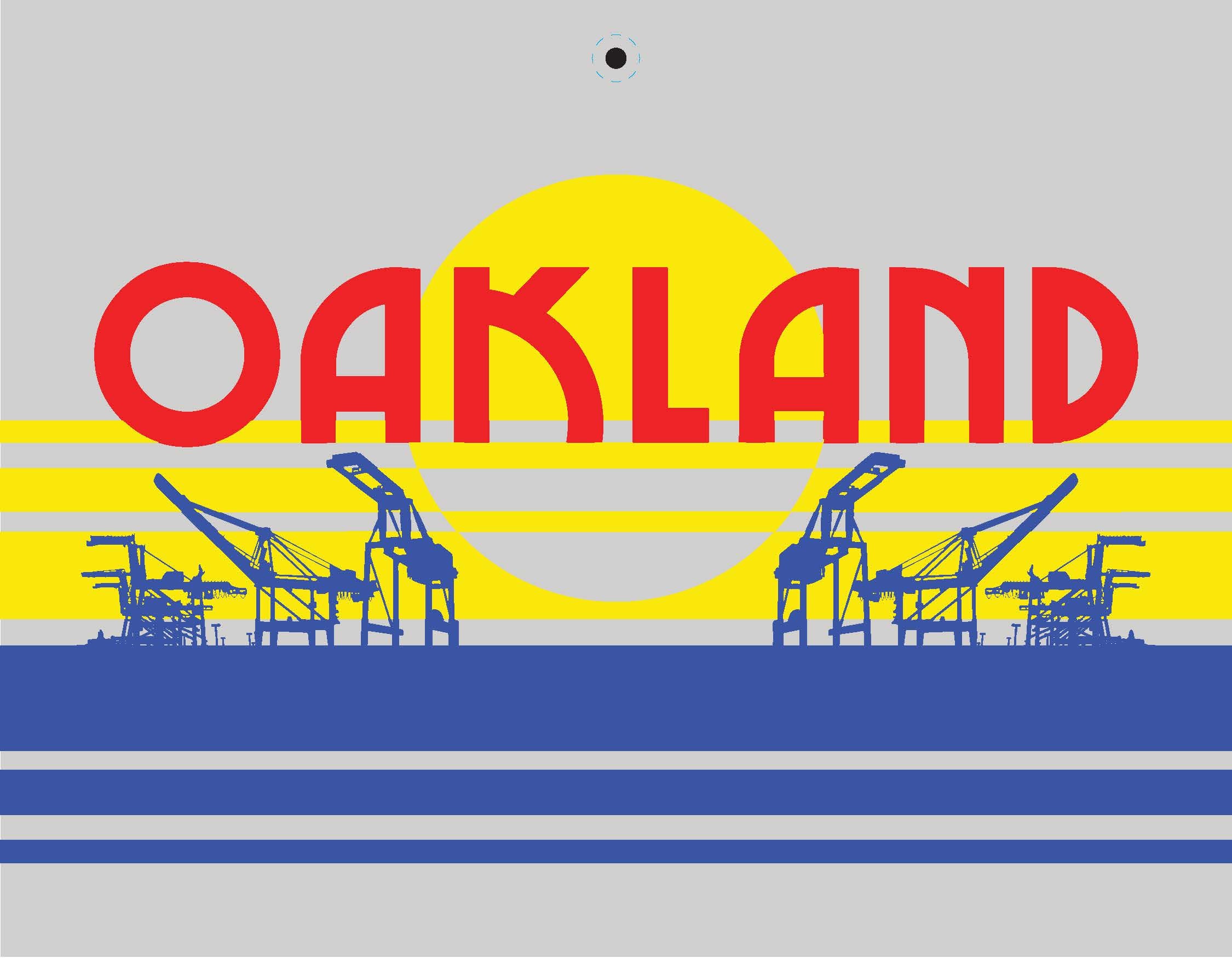 The Oaklandish 2025 Calendar features "OAKLAND" in bold red, blue crane silhouettes with a yellow sun against a gray background, making it the perfect stylish accessory for any space.