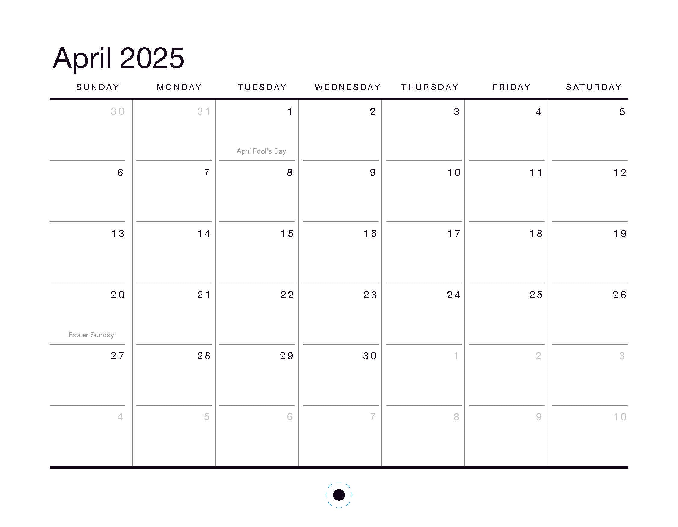 Presenting the Oaklandish 2025 Calendar by Oaklandish, featuring a simple design with weeks starting on Sunday. Notable dates include April Fool's Day on the 1st and Easter Sunday on the 20th. Weekdays are in a clean grid, with March 31 shaded gray to denote last month's end.