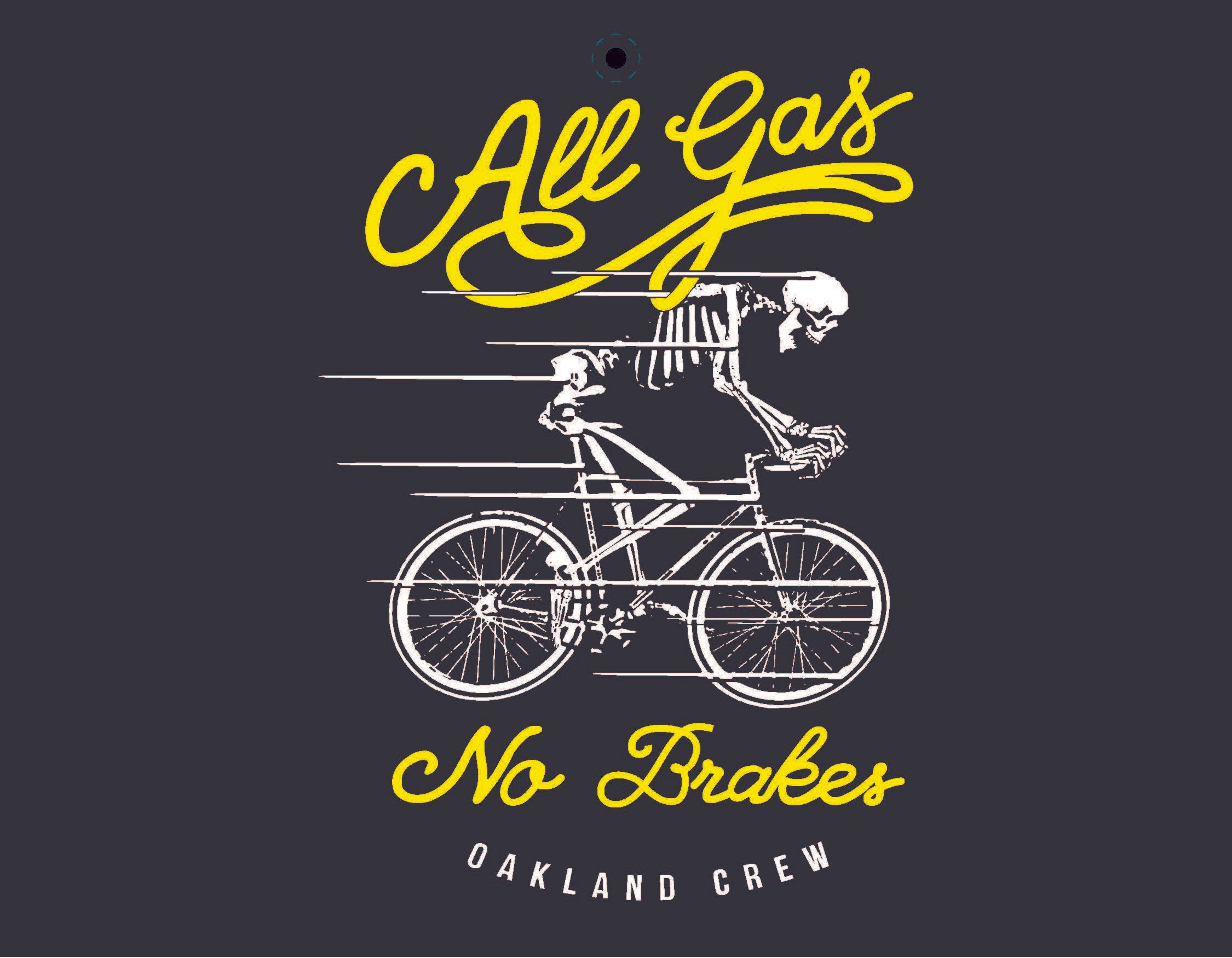 A skeleton speeds on a bike with horizontal lines, emitting rapid motion. "All Gas No Brakes" in bold yellow encircles it, while "Oaklandish 2025 Calendar" is stylishly printed in white on a dark background, creating an eye-catching accessory.