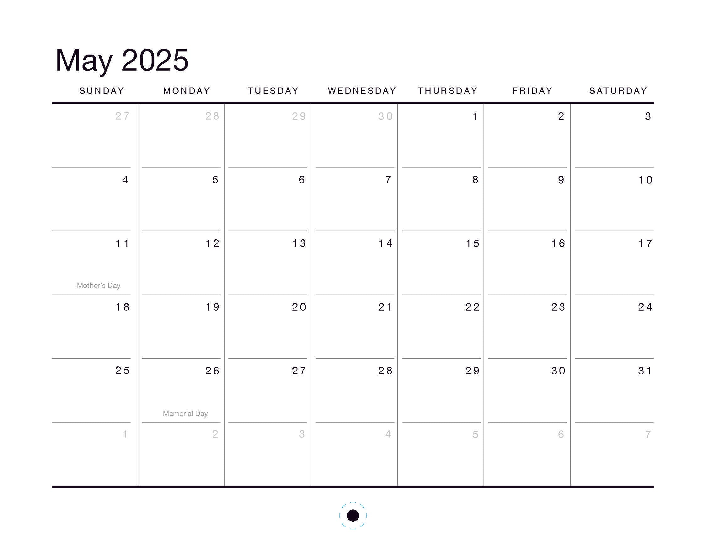 The Oaklandish 2025 Calendar features a May page starting Sunday, May 1st, ending Saturday, May 31st. Key dates include Mother's Day on the 11th and Memorial Day on the 26th. Its clean grid offers plenty of room for notes, perfect for organized planning.