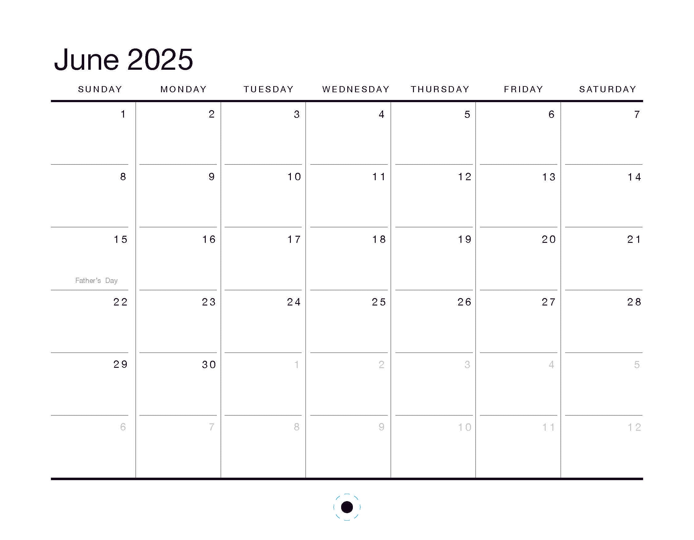 The Oaklandish 2025 Calendar for June starts on a Sunday and features Father's Day on June 15. Arranged from Sunday to Saturday, this minimalist design in sleek black and white includes subtle hints of adjacent months, capturing the essence of time elegantly.