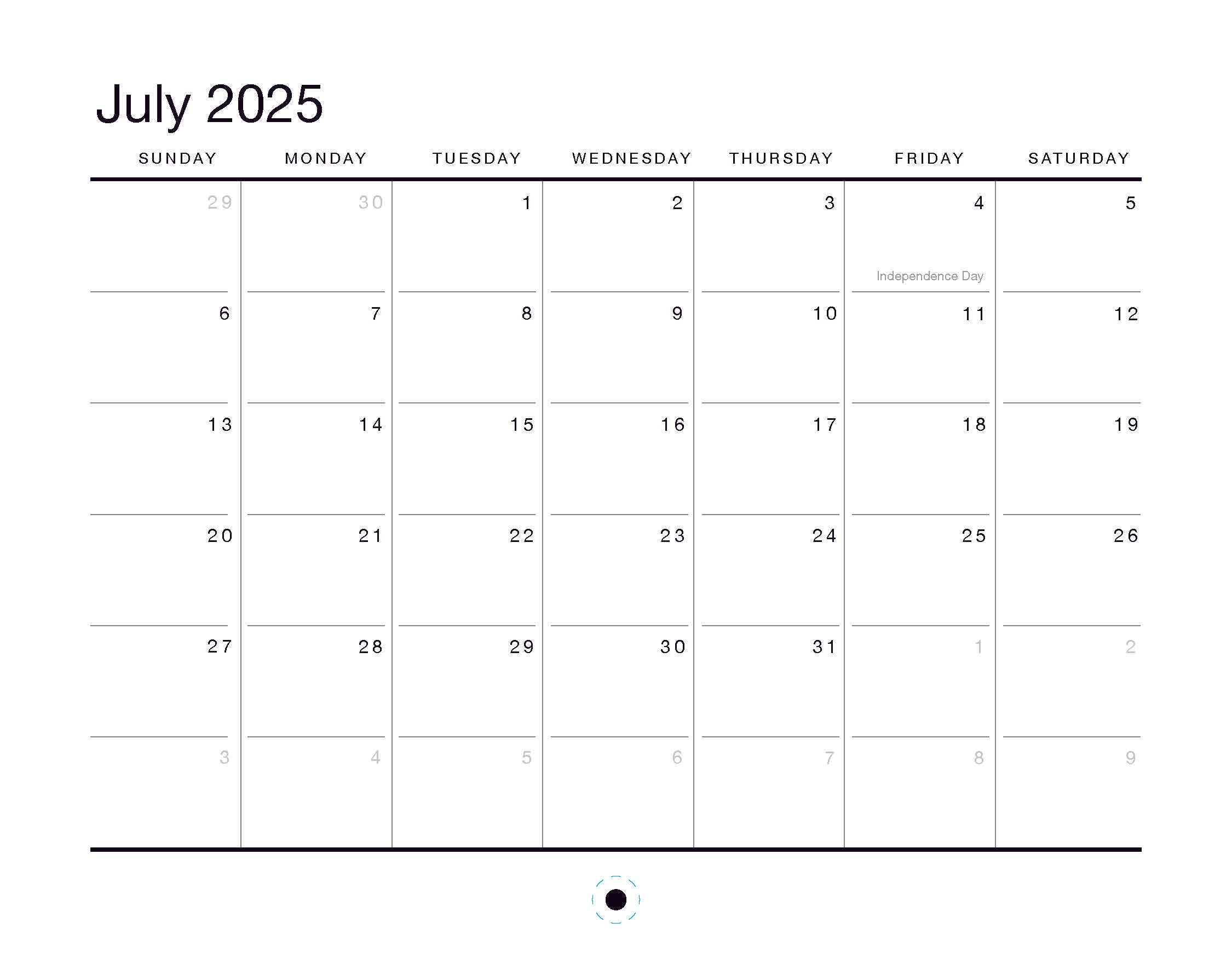 The Oaklandish 2025 Calendar features a minimalist design starting the week on Sunday. Independence Day is highlighted on Friday, July 4th. June and August days appear smaller for a seamless month transition. A small central logo at the bottom adds elegance to this Oaklandish accessory.