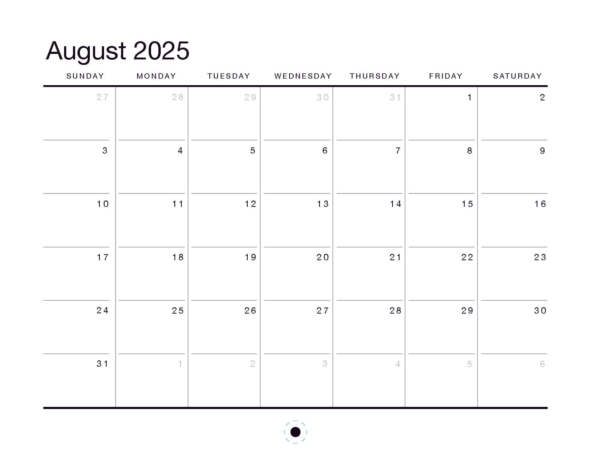 The Oaklandish 2025 Calendar features an August grid layout with days arranged Sunday to Saturday. The dates, from 1 to 31, are topped by "August 2025" in bold on the top left. A small circular ornament accents the bottom center, offering a touch of elegance.