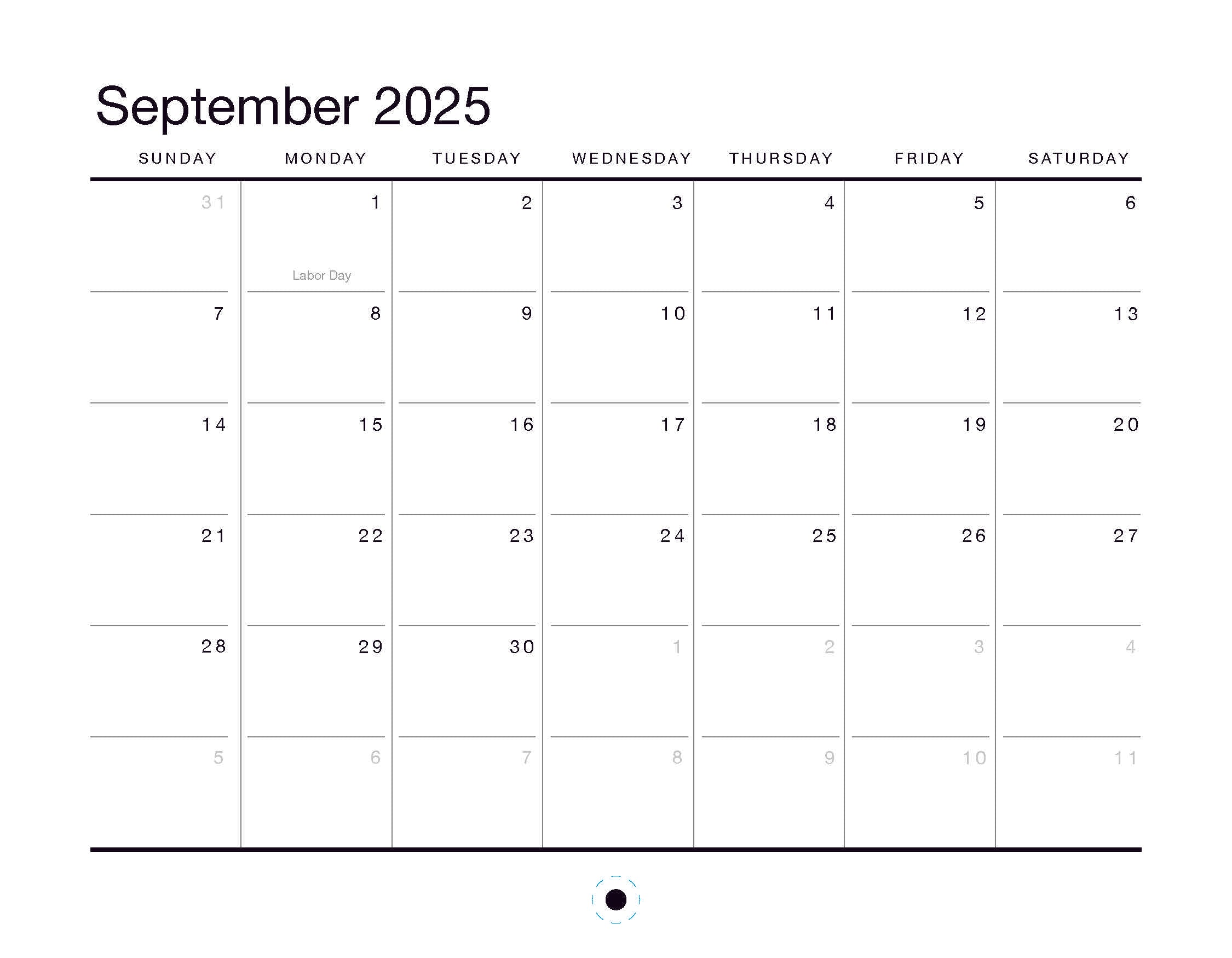 The Oaklandish 2025 Calendar is an elegant accessory with a simple layout in muted tones, featuring September starting on a Monday. Days are arranged Sunday to Saturday, each date numbered, and Labor Day is marked on September 1st without listing additional events.