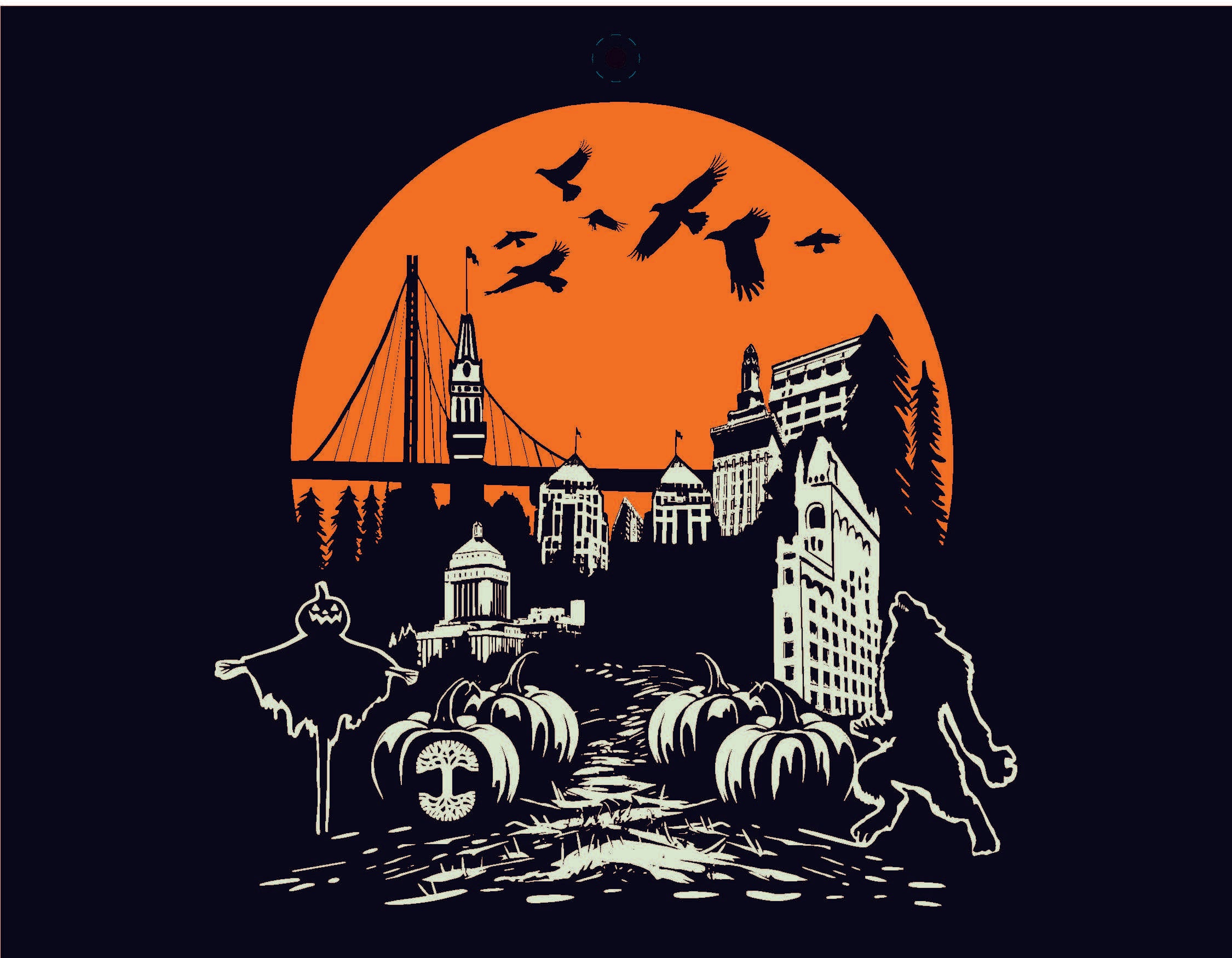 The Oaklandish 2025 Calendar cover features a cityscape silhouette with a bridge and buildings set against an orange full moon. Overhead birds fly, while in the foreground, pumpkins fill a patch with a scarecrow and Bigfoot-like figure dressed for Halloween.