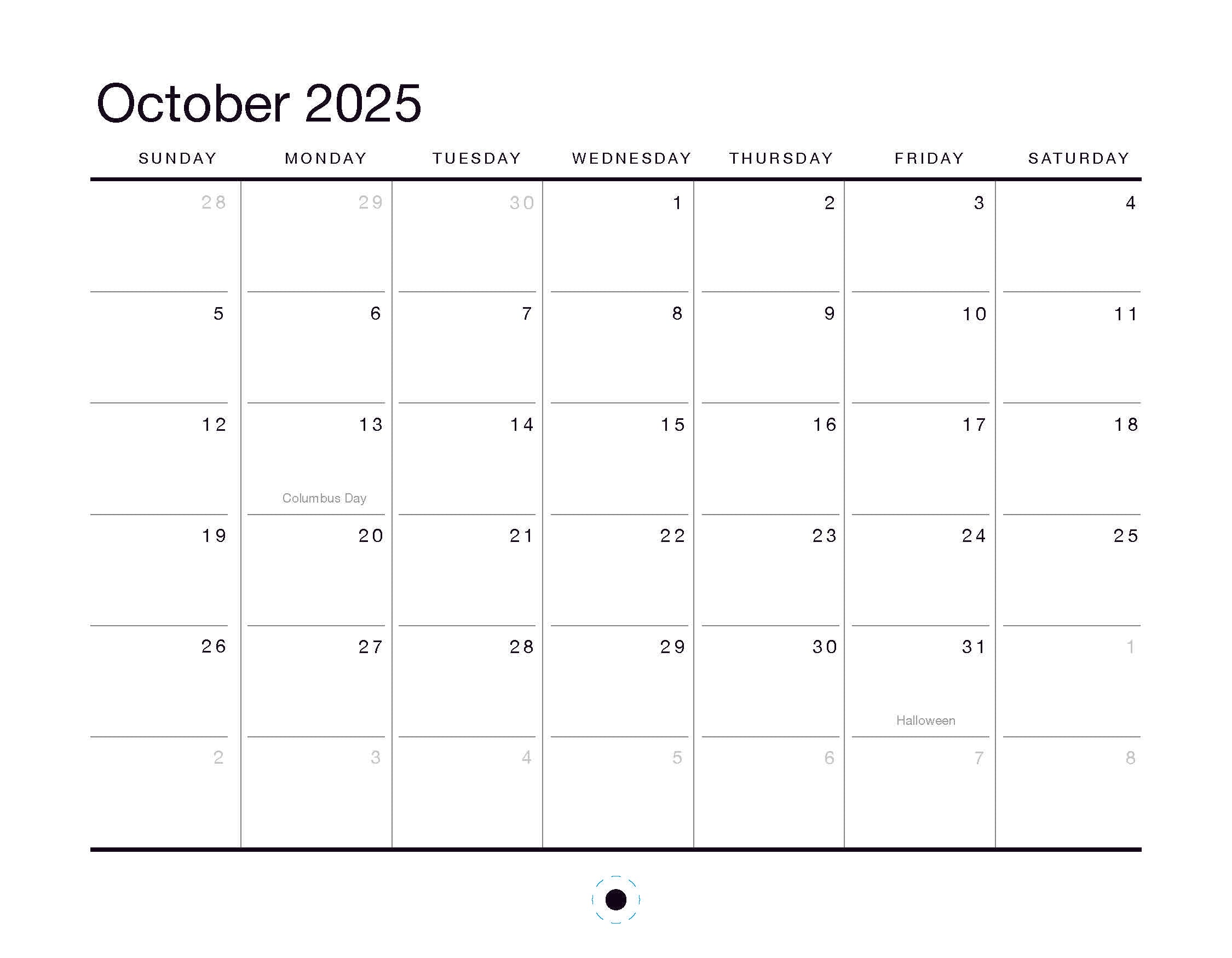 Explore the October page of the Oaklandish 2025 Calendar by Oaklandish, starting on Sunday and ending on Saturday. Highlighted dates include Columbus Day on the 13th and Halloween on the 31st. The month is prominently displayed at the top with a stylish circular graphic at the bottom.