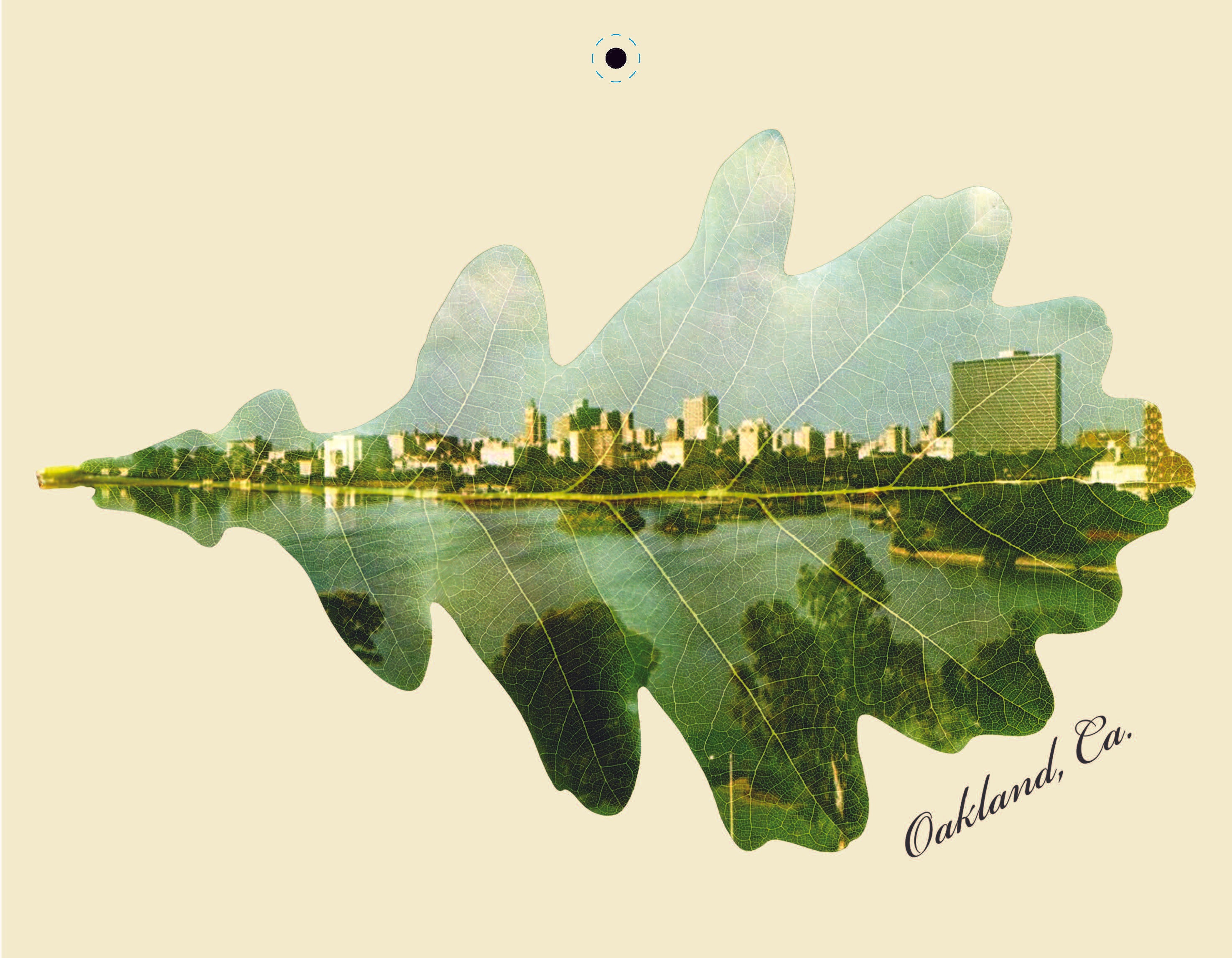 The Oaklandish 2025 Calendar features an oak leaf-shaped artistic image of the Oakland skyline, with city buildings and a water body overlaid by the leaf's veins. "Oakland, Ca." elegantly adorns the bottom right, making it a perfect accessory for any space.