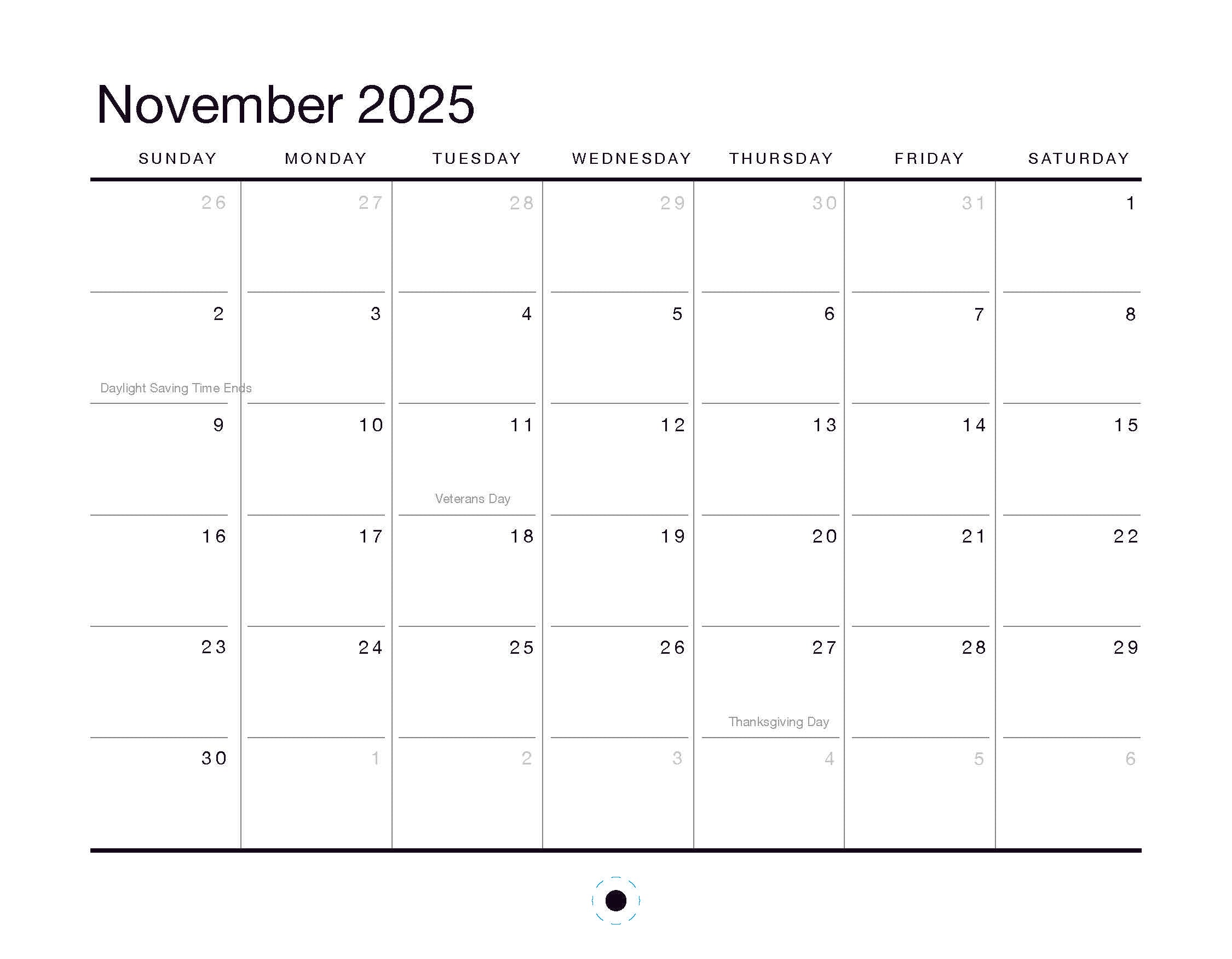 The Oaklandish 2025 Calendar, a must-have accessory with a minimalistic grid, features weeks starting on Sunday and highlights events such as Daylight Saving Time ending on Nov 2nd, Veterans Day on the 11th, and Thanksgiving on the 27th for easy date tracking.