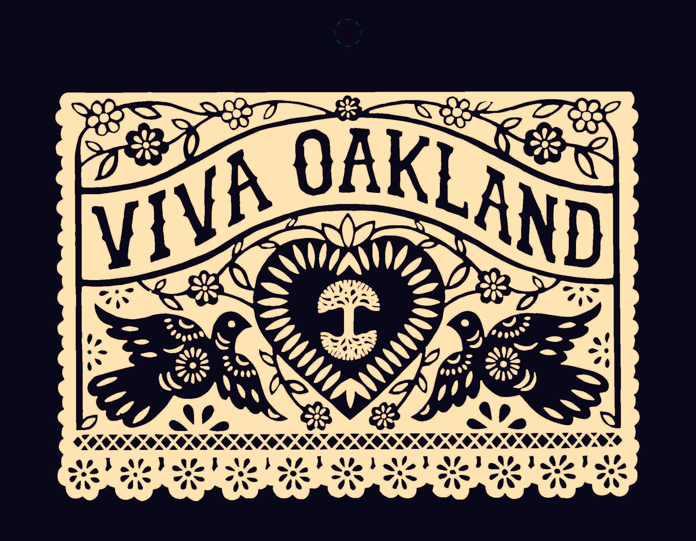 The Oaklandish 2025 Calendar features a cream-colored banner with "Viva Oakland" in bold. Surrounding the text are intricate flower and leaf designs alongside two birds, while a central heart with a tree symbol and scalloped edge add elegance to this decorative piece.