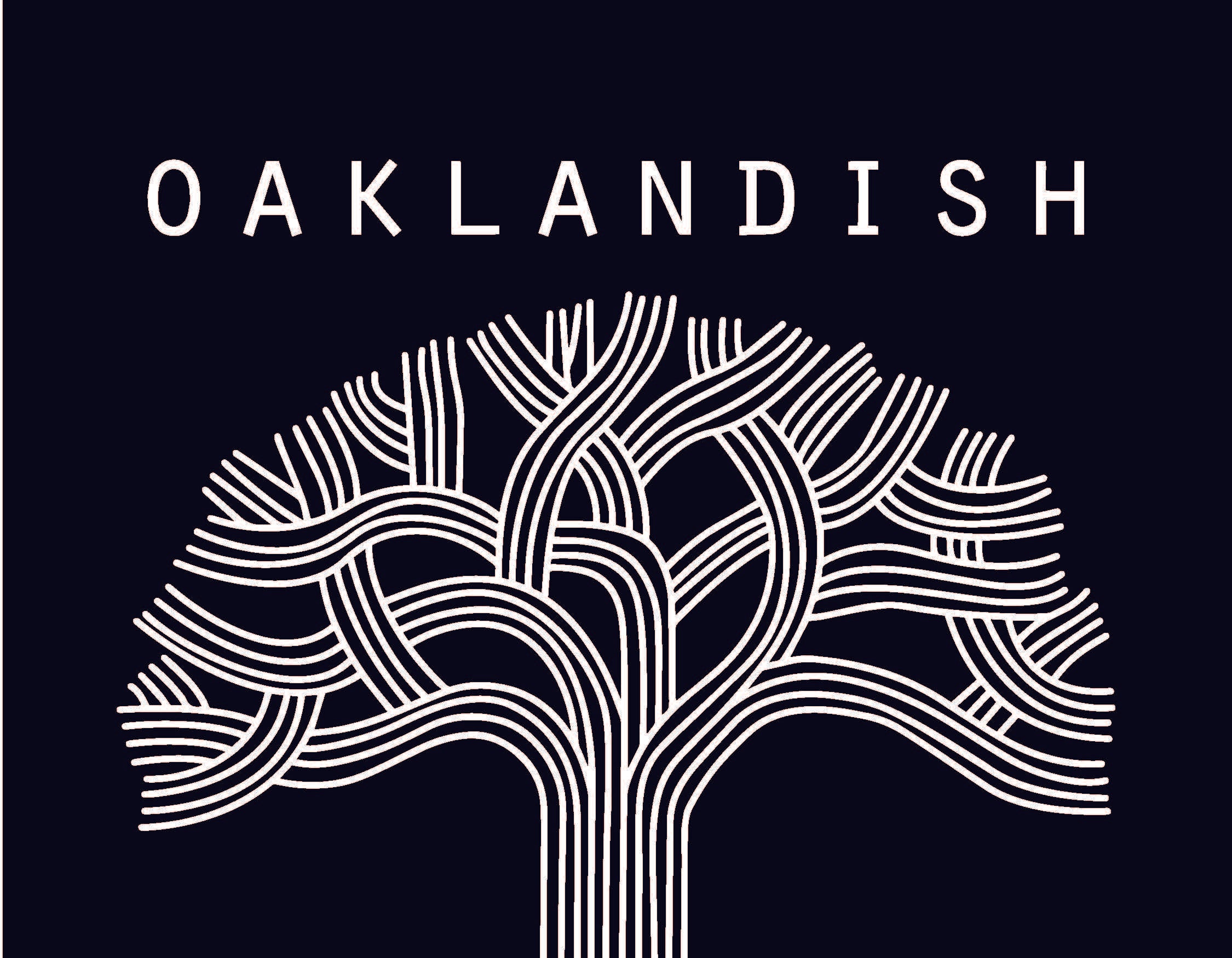 The Oaklandish 2025 Calendar features a stylized tree graphic with interwoven branches on a black background. "OAKLANDISH" is boldly emblazoned above, and the tree’s parallel, curved lines create a symmetrical design.