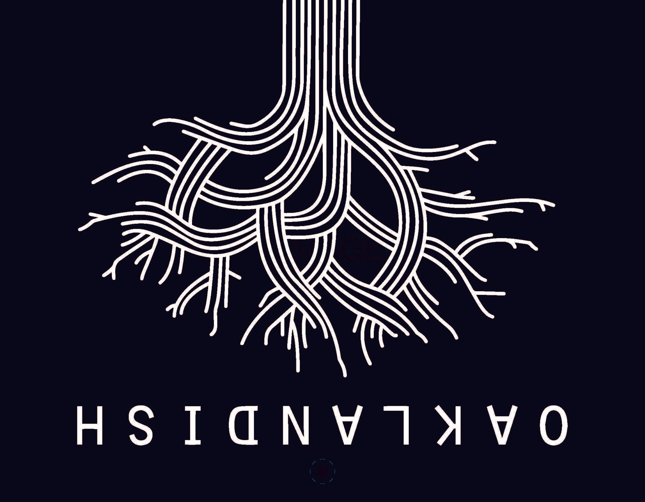 An illustration of a tree's root system with white lines on a dark background resembles branches, with "Oaklandish" written upside down. It's part of the Oaklandish 2025 Calendar accessory, symbolizing Oakland roots.