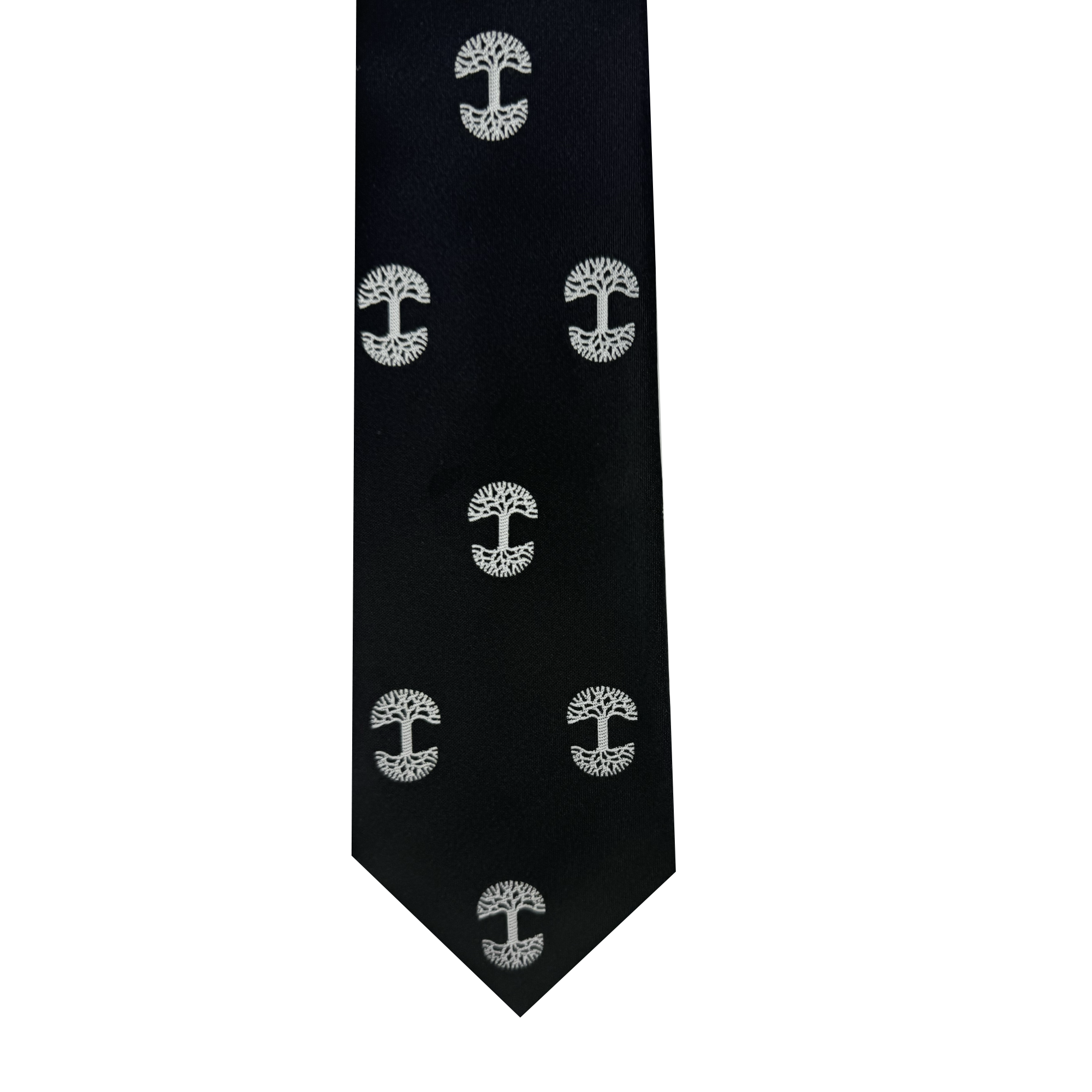 Introducing the Oaklandish Logo Tie by Oaklandish, crafted from polyester and designed with a sleek and sophisticated repeating pattern of the iconic Oaklandish tree logo. The minimalist white tree-like designs are evenly spaced vertically, giving it an elegant appearance. Finished with a pointed tip, this accessory embodies effortless refined style.