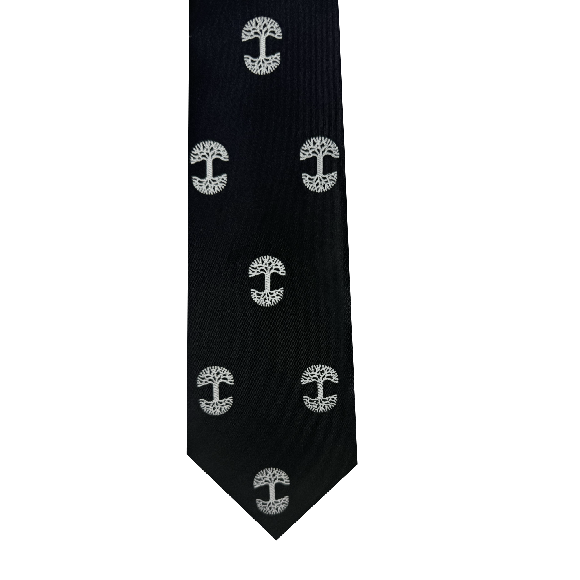 The Oaklandish Logo Tie by Oaklandish is a black polyester tie showcasing a pattern of white symmetrical symbols that resemble the iconic Oaklandish tree logo. These stylized trees, complete with rounded canopies and visible roots, stand out beautifully against the dark background. The tip of the tie elegantly forms a standard triangular shape, making it an ideal choice for accessories enthusiasts.