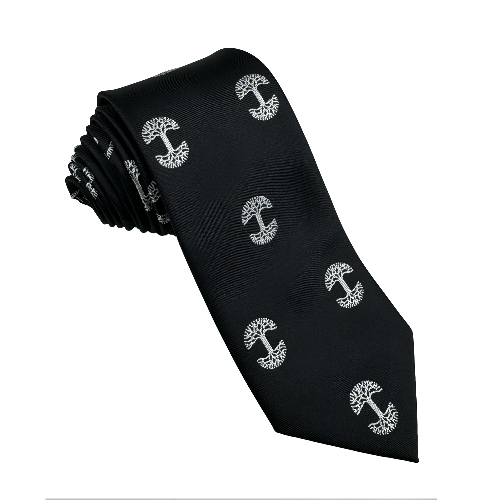 Introducing the Oaklandish Logo Tie by Oaklandish: a black polyester tie adorned with a repeating pattern of stylized silver Oaklandish tree logos, evenly spaced and intricately detailed. Neatly rolled against a white background, this elegant tie is the perfect addition to your accessories collection.