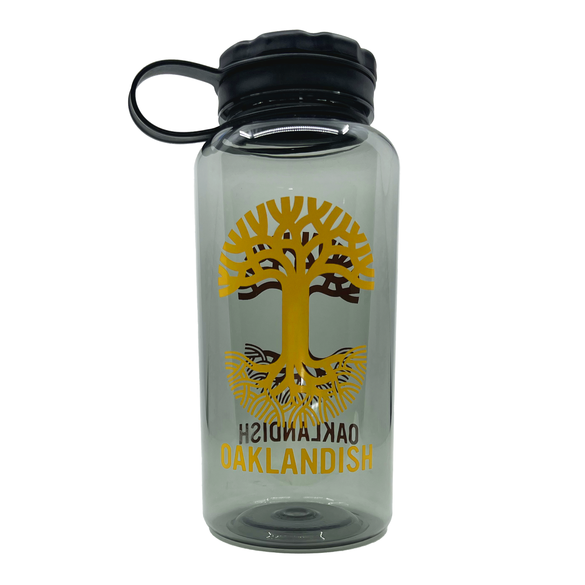 Translucent grey water bottle with screw-on black lid with yellow Oaklandish tree logo and text, head on.