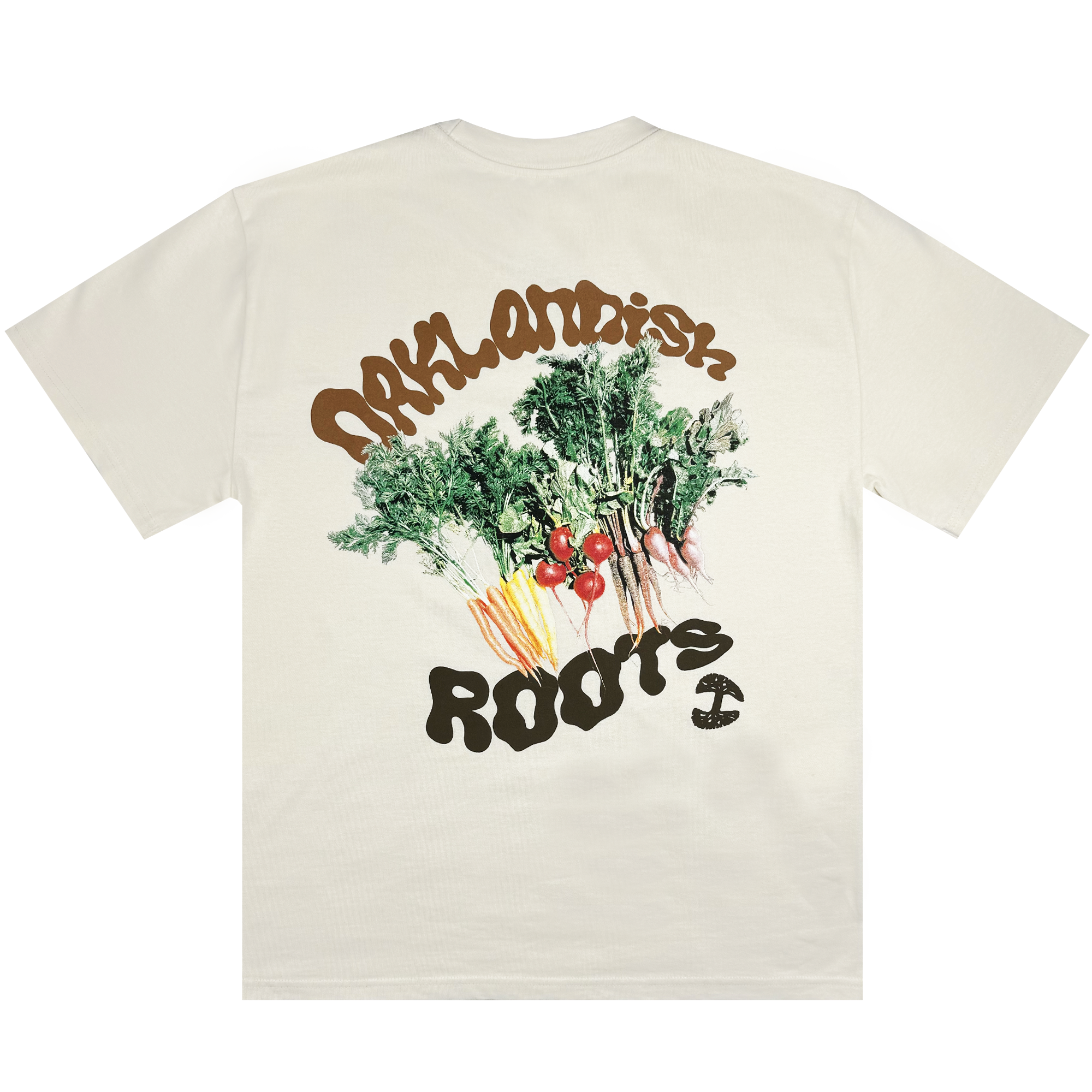 The Grow Your Roots Heavy Tee by Oaklandish is a heavyweight cream t-shirt made of combed cotton, featuring vibrant illustrations of root vegetables like carrots and beets complete with their greens. The word "Arilandish" arches above the artwork, with "Roots" and a turntable needle depicted beneath. Designed in men's sizing for a boxy fit, it combines style and comfort effortlessly.