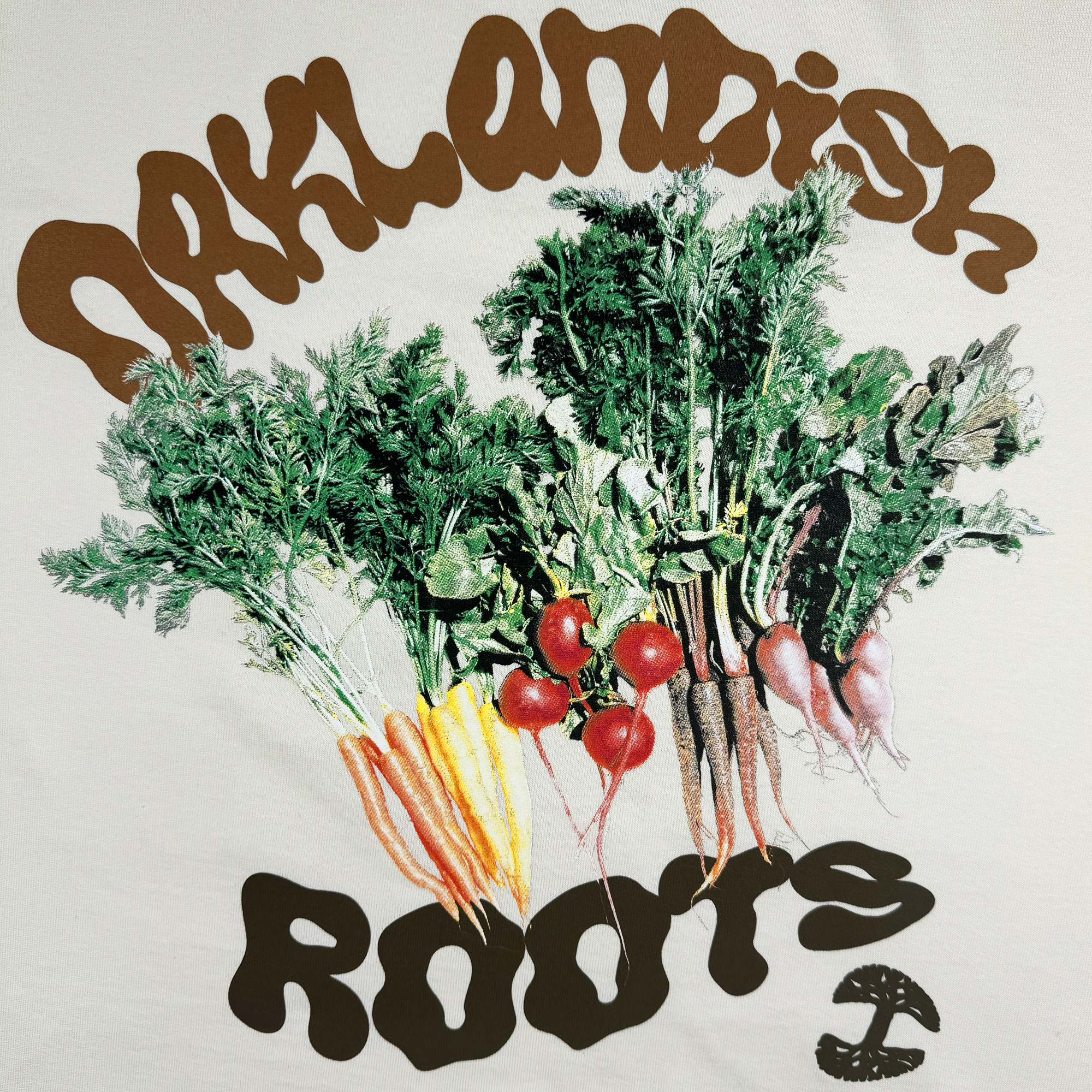 The "Grow Your Roots Heavy Tee" by Oaklandish features an illustration of various vegetables such as carrots, radishes, and beets, arranged in a row with leafy green tops. The text "Oaklandish Roots" is displayed in bold, stylized fonts above and below the vegetables. This design is printed on a heavyweight combed cotton t-shirt with a boxy fit for men's sizing against a plain white background.