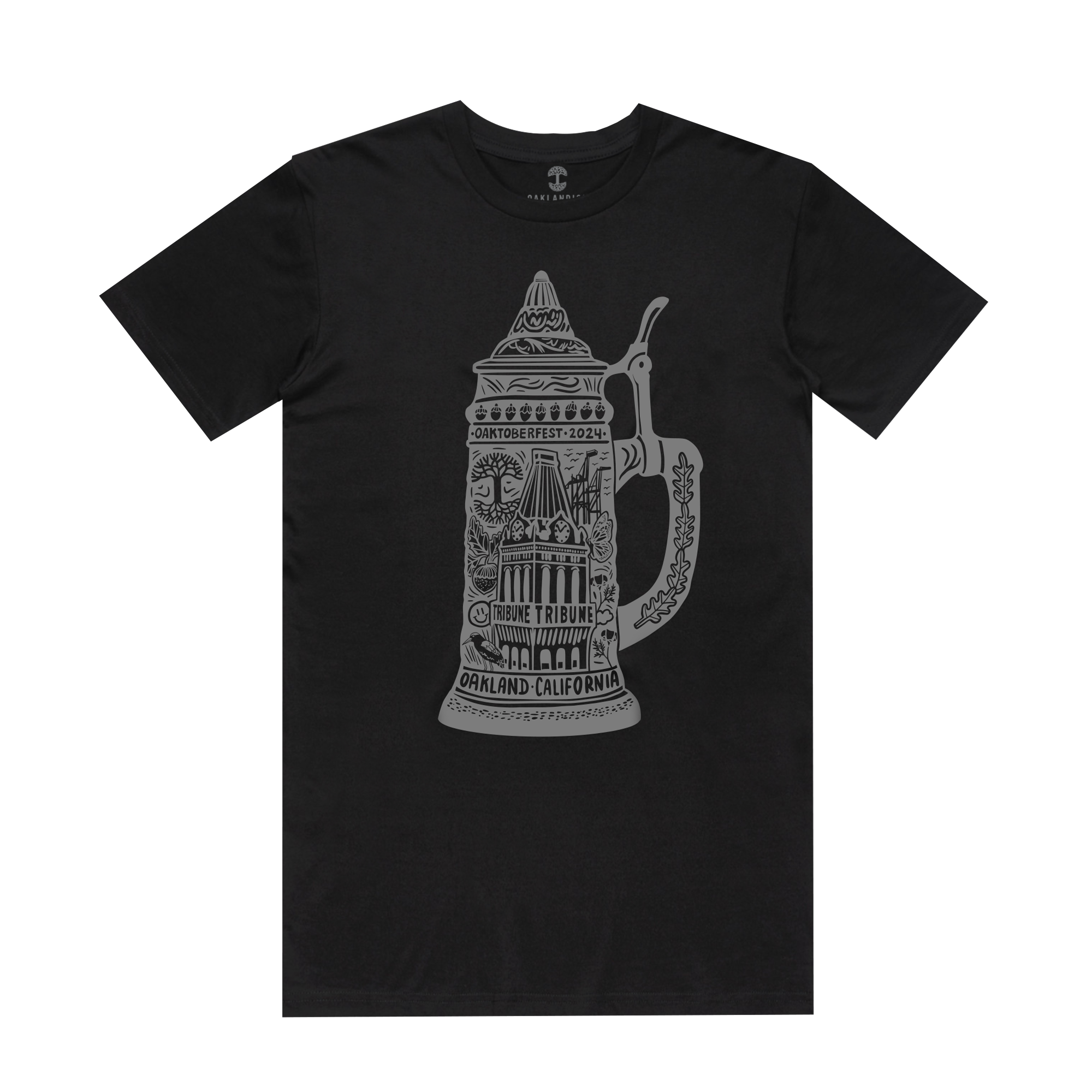 Introducing the Oaktoberfest 2024 Tee from Oaklandish: a black, 100% cotton t-shirt that boasts an intricate grey graphic of a beer stein. Adorned with the text "Oaktoberfest 2021", "Prost," and "Fruitvale," plus decorative hops, leaves, and ornamental patterns, this classic fit t-shirt features a handled and lidded stein inscribed with "Oakland, California" at the bottom.