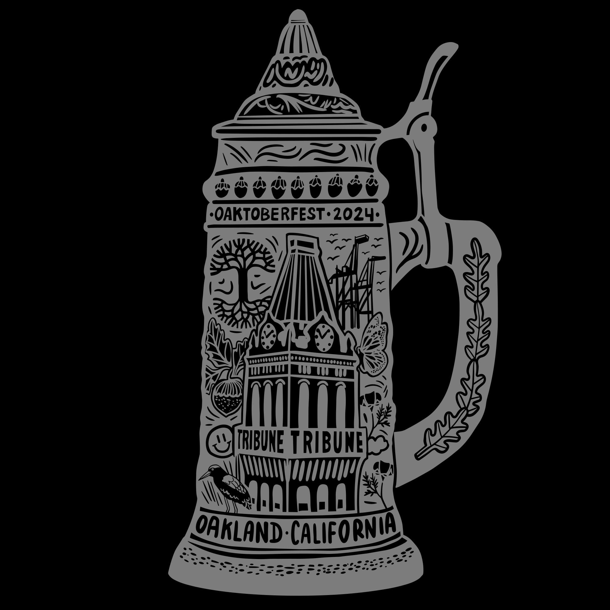 An intricately designed beer stein with "Oktoberfest 2024" on the lid and "Oakland California" at the base. The body features detailed engravings including "Tribune" with an architectural motif and nature-themed elements like leaves. Paired perfectly with the Oaklandish Oaktoberfest 2024 Tee, a black, 100% cotton classic fit t-shirt, for a stylish ensemble.