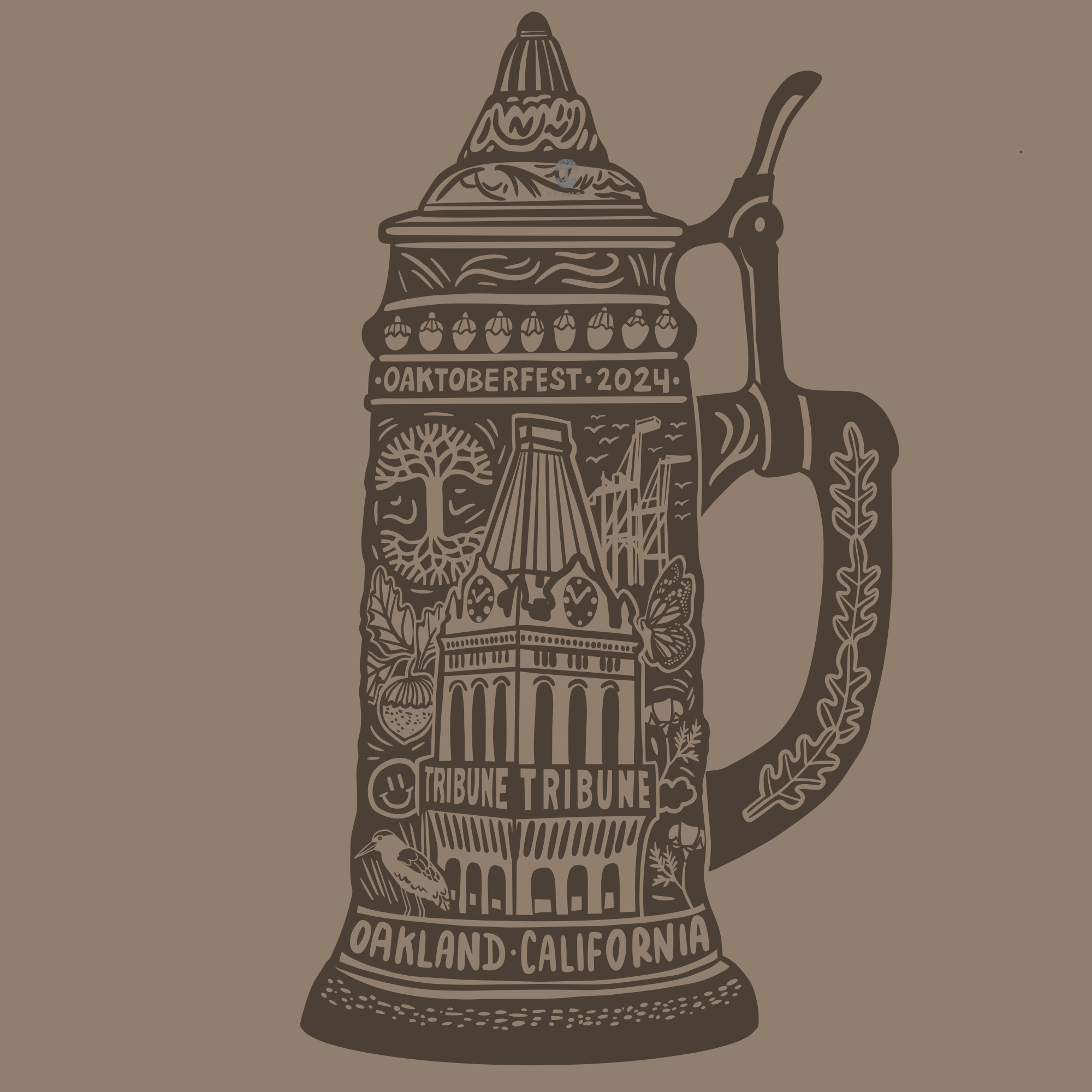 An intricately designed beer stein features a detailed illustration of the Tribune Tower along with surrounding elements such as the sun, flowers, and acorns. Text around the stein reads "Oaktoberfest 2024" and "Oakland, California." The handle is decorated with leaf motifs. For true aficionados, consider pairing it with our exclusive Oaklandish Oaktoberfest 2024 Tee made of 100% cotton, featuring matching artwork.