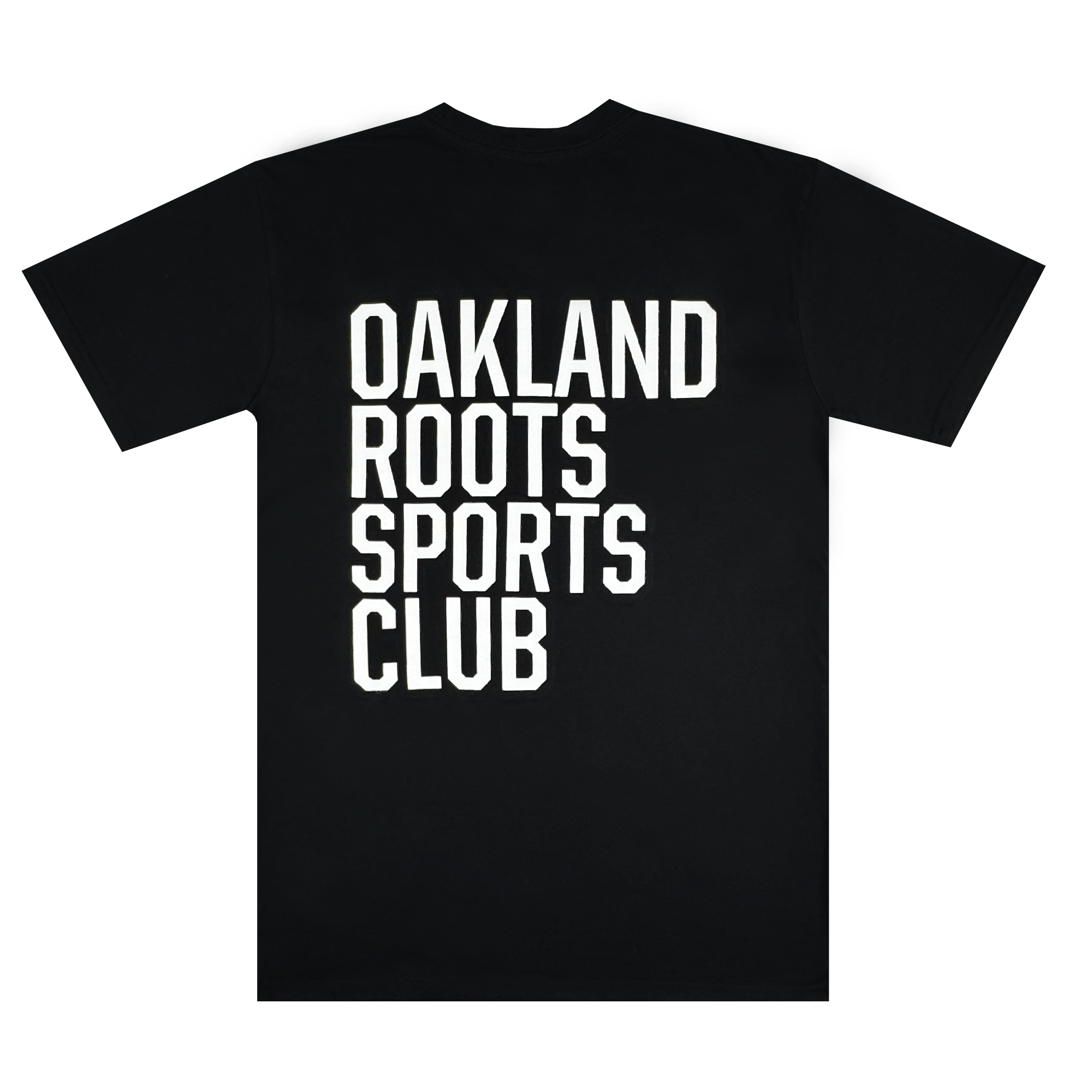 The ORSCtone Tee by Oakland Roots SC is a black t-shirt featuring bold white text on the back, reading "OAKLAND ROOTS SPORTS CLUB" in four centered lines. It embodies an Oaklandish Classic style and reflects a commitment to social good, shown laid flat against a white background.