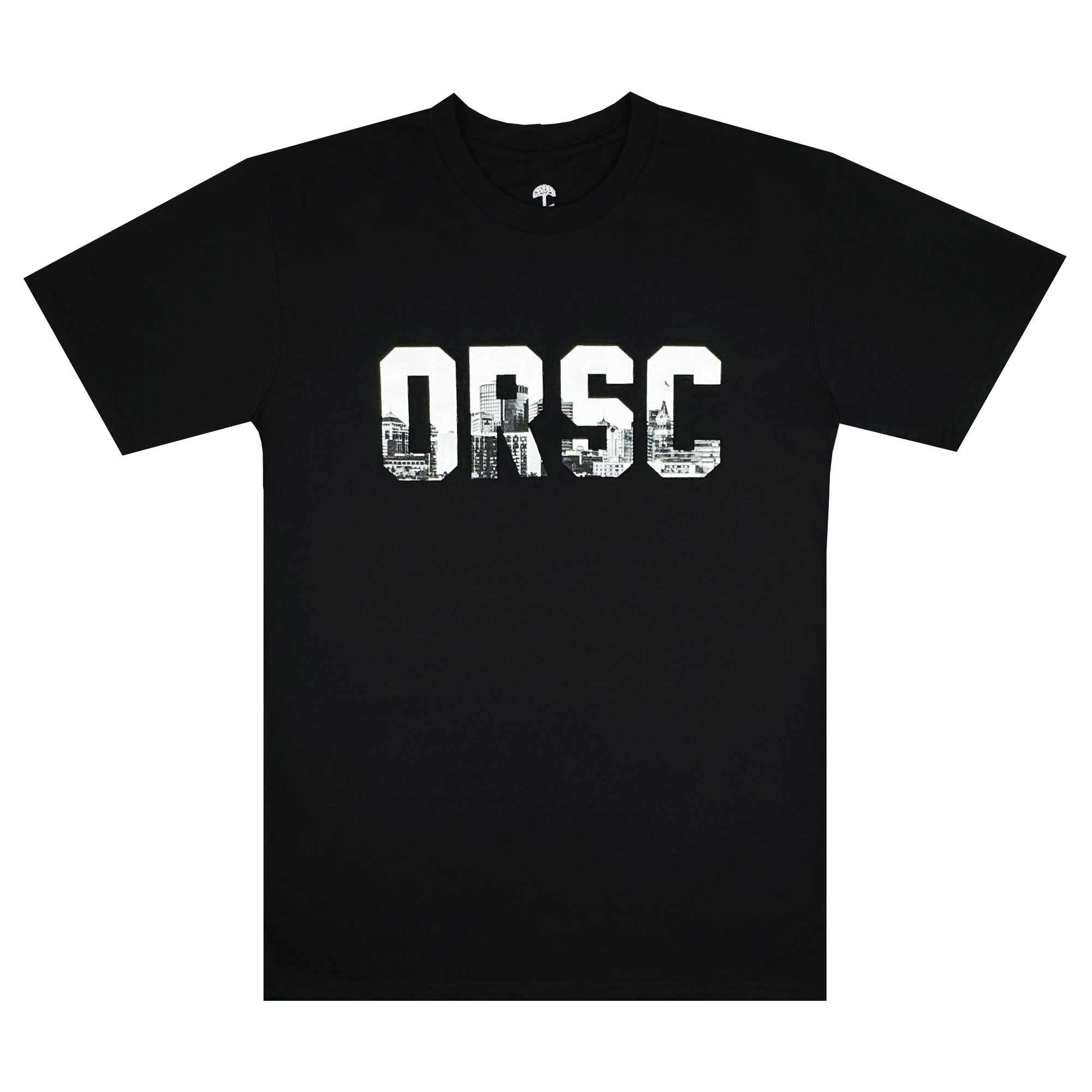 The ORSCtone Tee by Oakland Roots SC is a black T-shirt with "ORSC" in white, featuring cityscape-filled letters. It has a classic crew neck and short sleeves for a casual, stylish look.