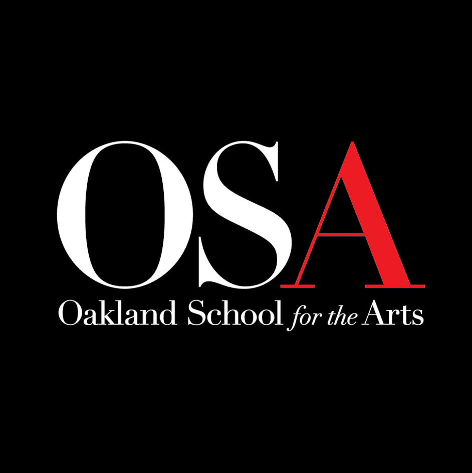 The OSA Signature Tee by Supported Brands features a black background with "OSA" prominently displayed in large white and red letters. Below it, "Oakland School for the Arts" is written in smaller white text, with "for the Arts" in italic. The shirt's elegant serif font highlights a red 'A' and white 'O' and 'S'.