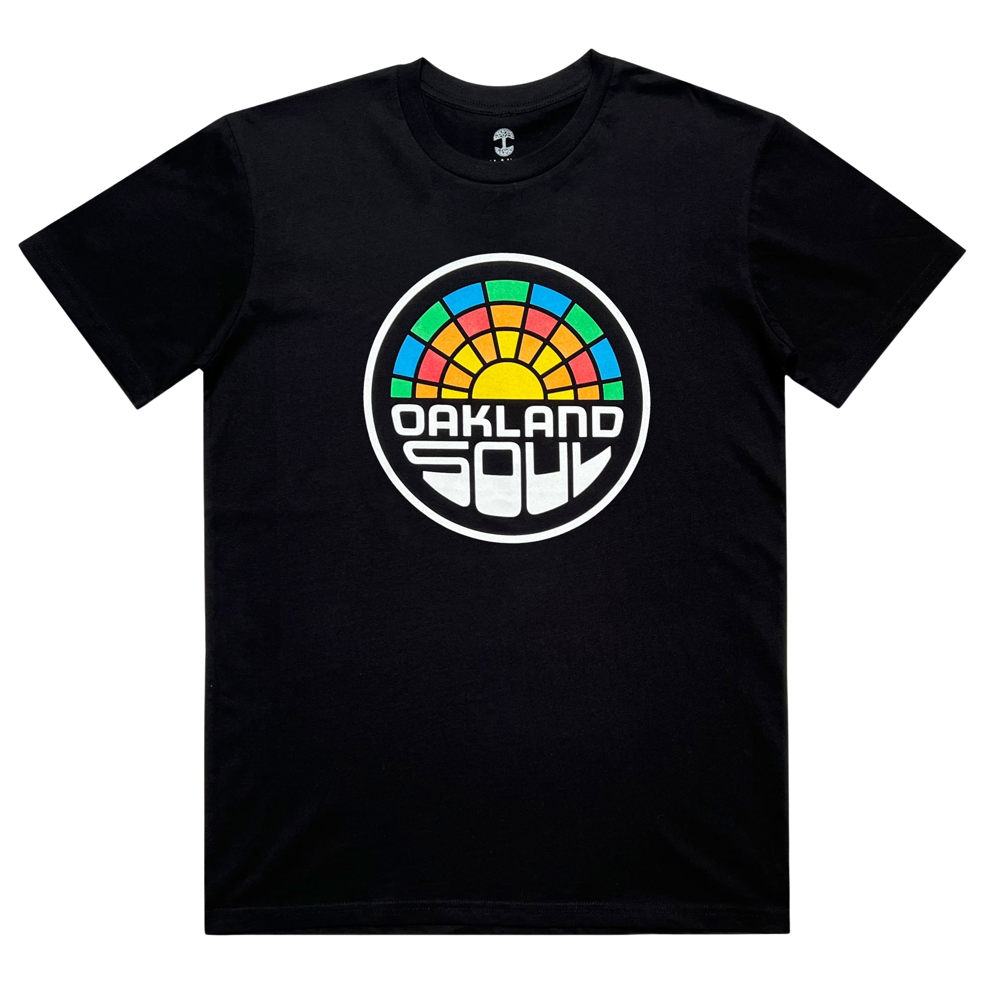 The Oakland Soul Logo Tee, produced by the Oakland Soul brand, is a black T-shirt showcasing a striking, colorful design on its front. The design features a stylized rainbow-colored semi-circle segmented into blue, green, yellow, and orange sections with the text "OAKLAND SOUL" displayed beneath it in a white, stylized font. This shirt commemorates the Oakland Soul women's soccer team in the USL W-League and is presented laid flat against a white background.