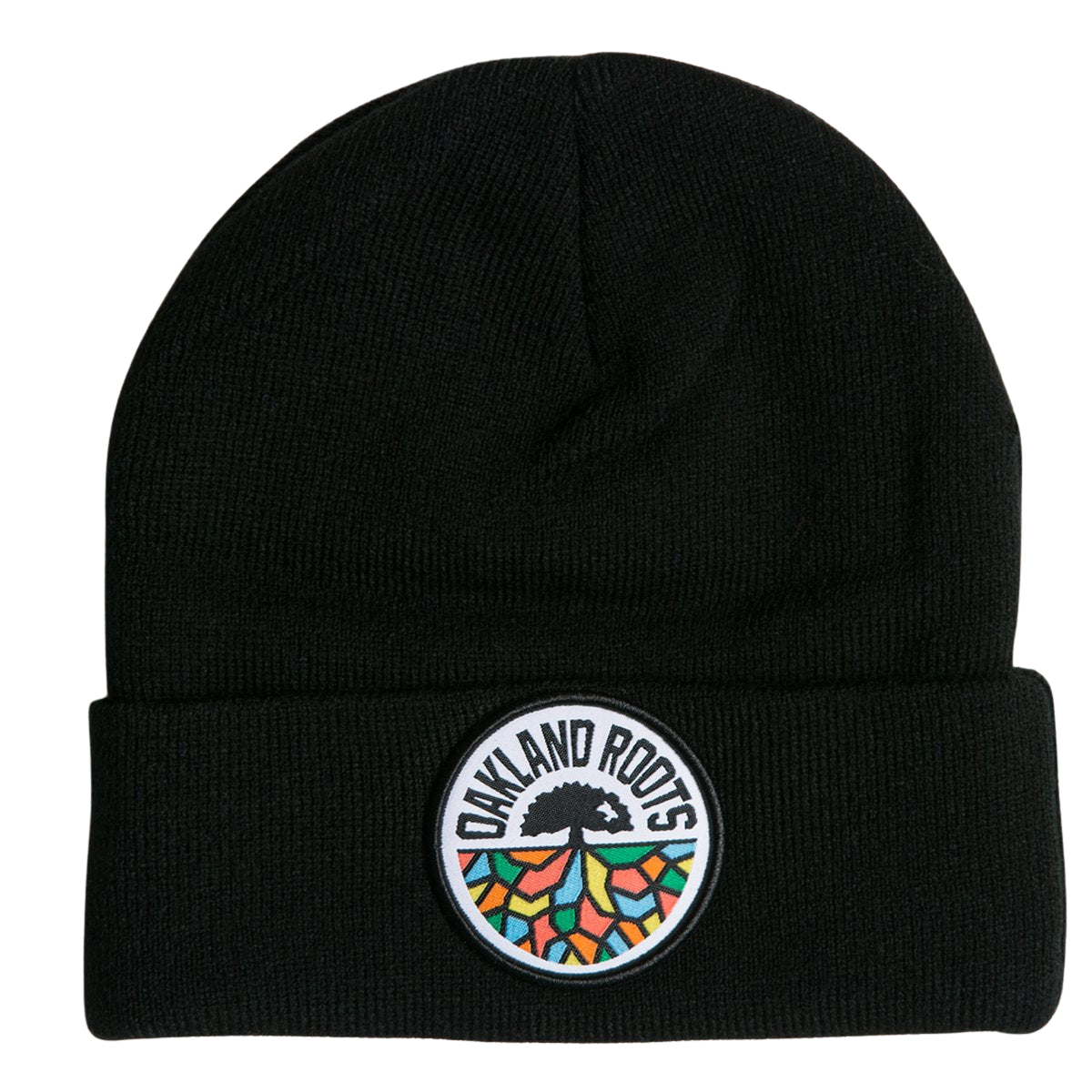 The Oakland Roots SC Cuff Beanie, crafted from black acrylic, showcases a folded cuff adorned with a circular patch. The patch prominently features a tree emblem at the top, beneath which vibrant stylized roots in shades of orange, green, and blue spread out. Curving along the top edge of the patch are the words "Oakland Roots Sports Club.