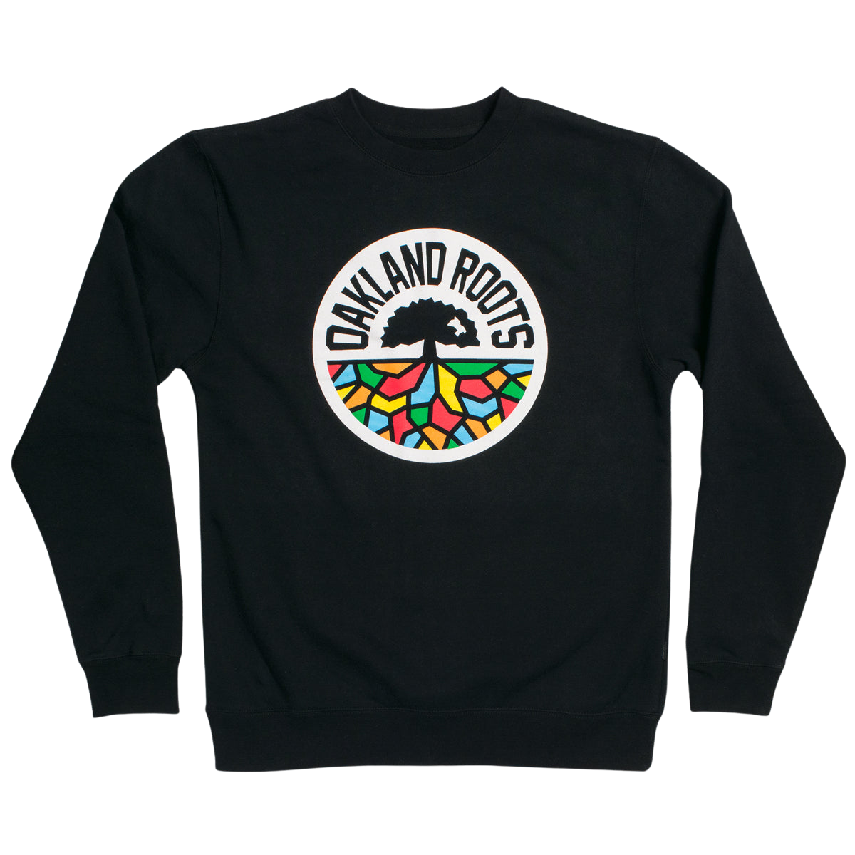 Full-color ROOTS SC mosaic circle logo on the chest of a black crew neck sweatshirt.