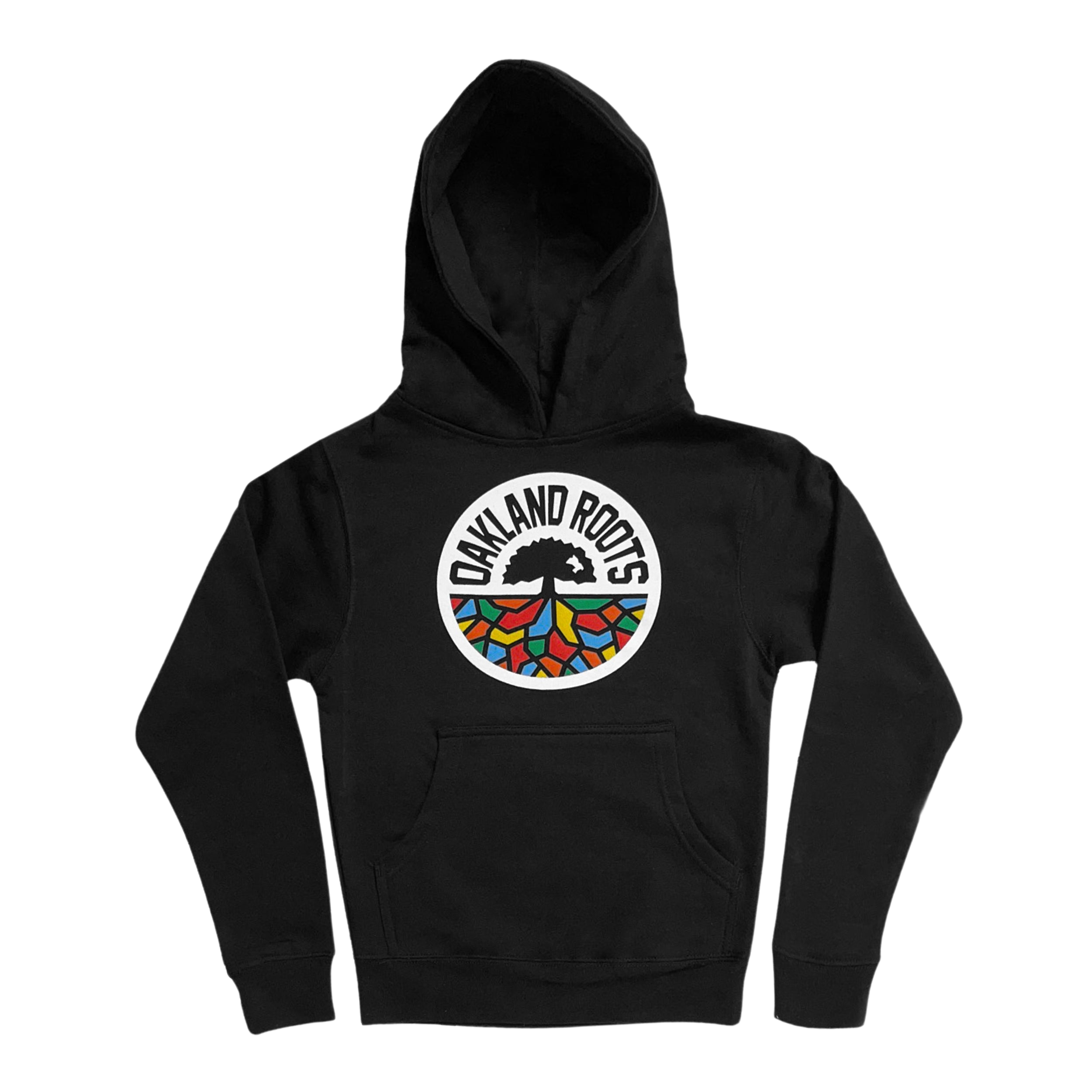 An Oakland Roots SC youth pullover hoodie in black, featuring a front pocket. The hoodie showcases a circular tree logo with vibrant, colorful roots and the text "OAKLAND ROOTS," embodying its Oaklandish design.