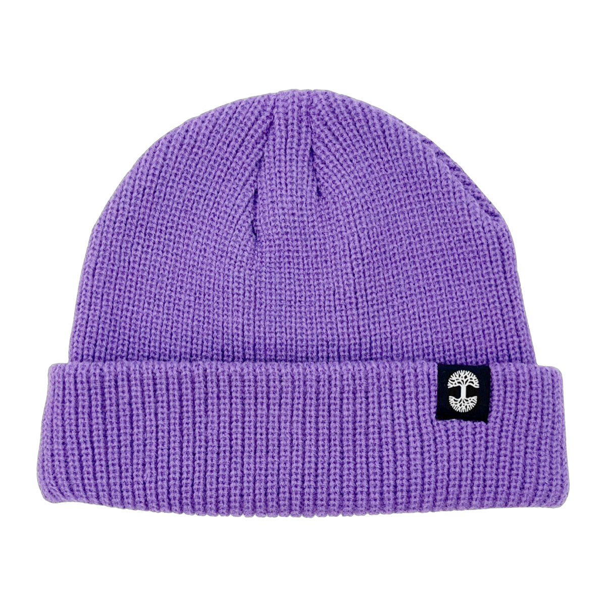 The Ramos Beanie by Oaklandish, a purple knitted acrylic beanie with a folded brim, is centered against a white background. A small black patch with a white cross emblem sits at the front of the brim. The visible knit texture gives this piece of headwear a cozy appearance.