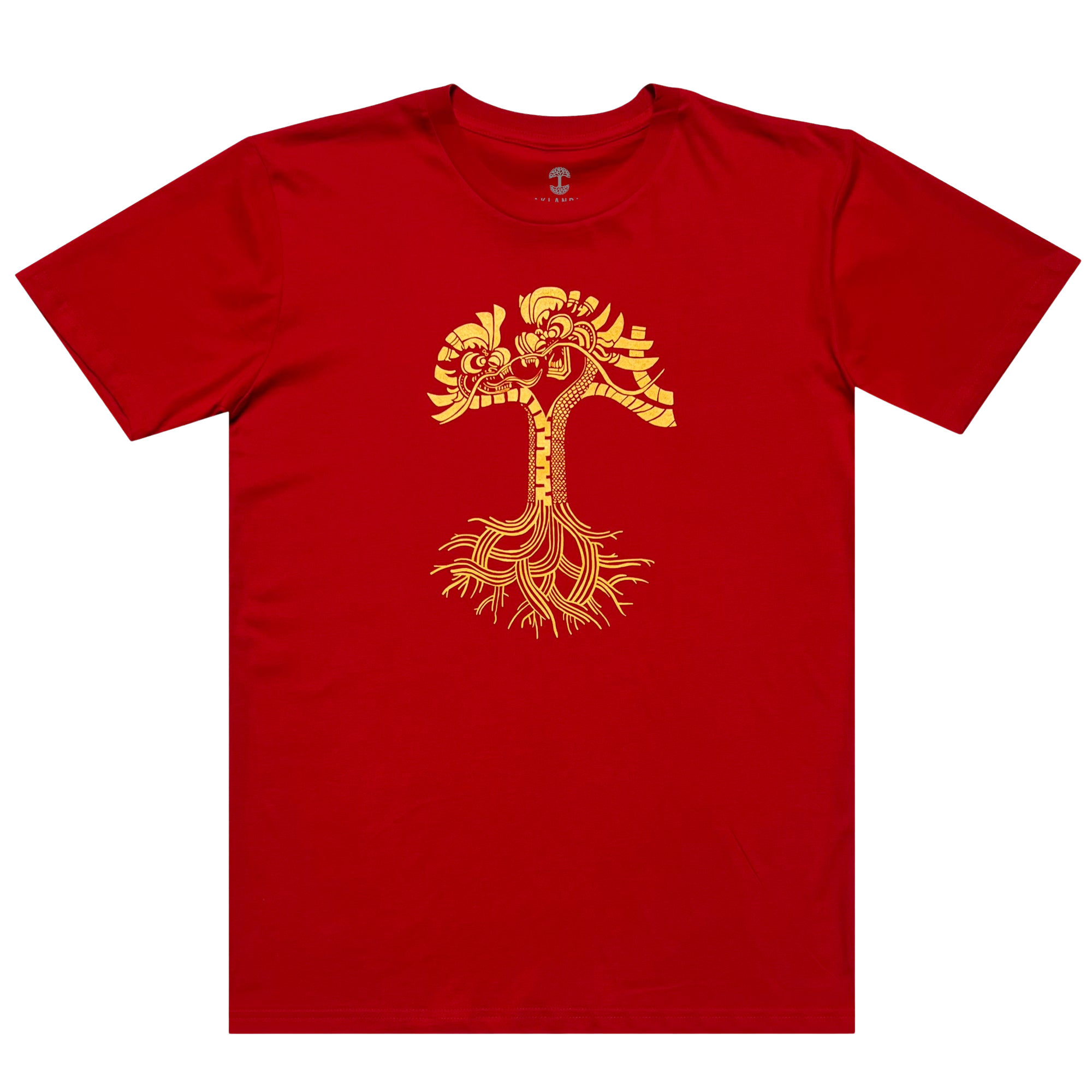 Introducing the Dragon Power Tee by Oaklandish, a vibrant red short-sleeve t-shirt featuring an intricate, stylized golden yellow design of a tree with twisting branches and roots centered on the chest. This abstract graphic subtly nods to Chinese American heritage, set against the shirt's solid background.