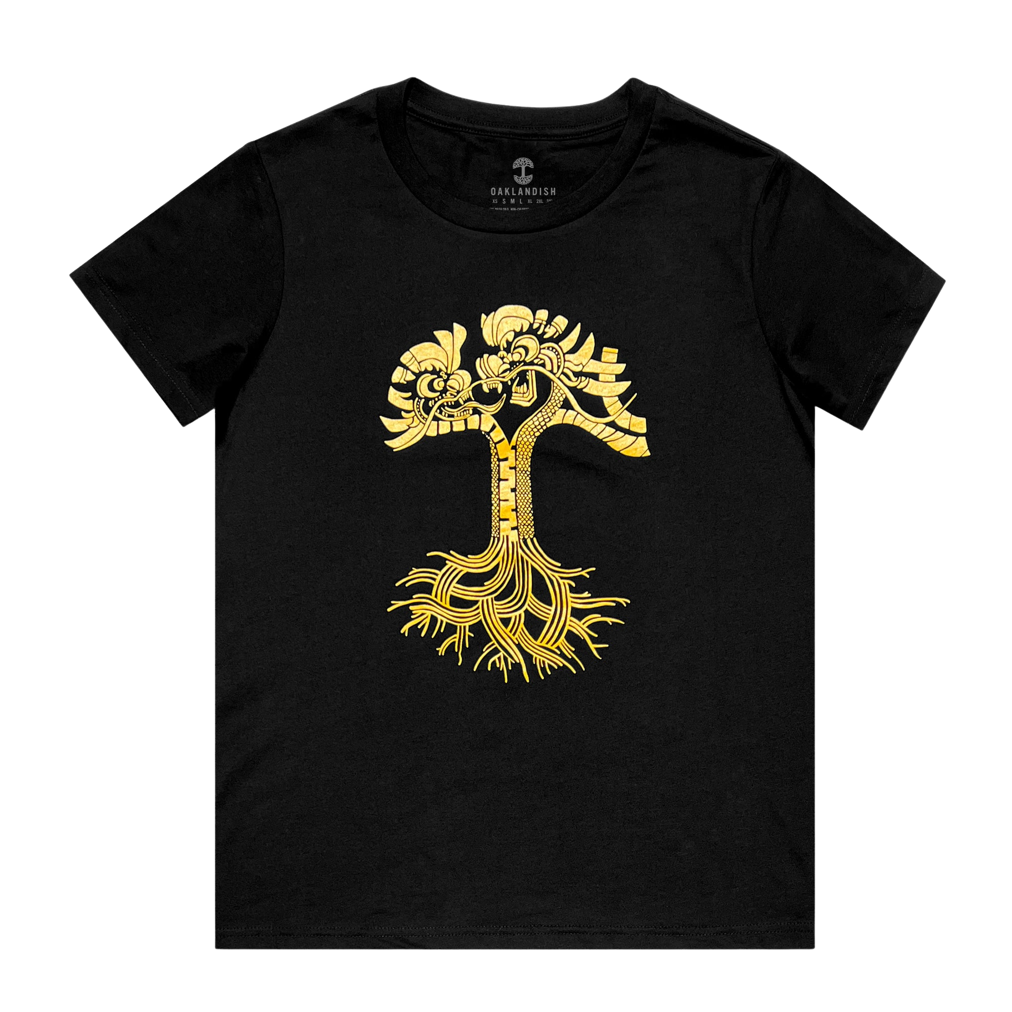 The Women's Dragon Power Tee by Oaklandish is a black t-shirt featuring a stylized, intricate design of a yellow tree. The tree's roots extend and branch out, creating an artistic, symmetrical pattern that stands out vividly against the dark fabric. Inspired by Chinese American heritage, the design combines organic elements with geometric flair.