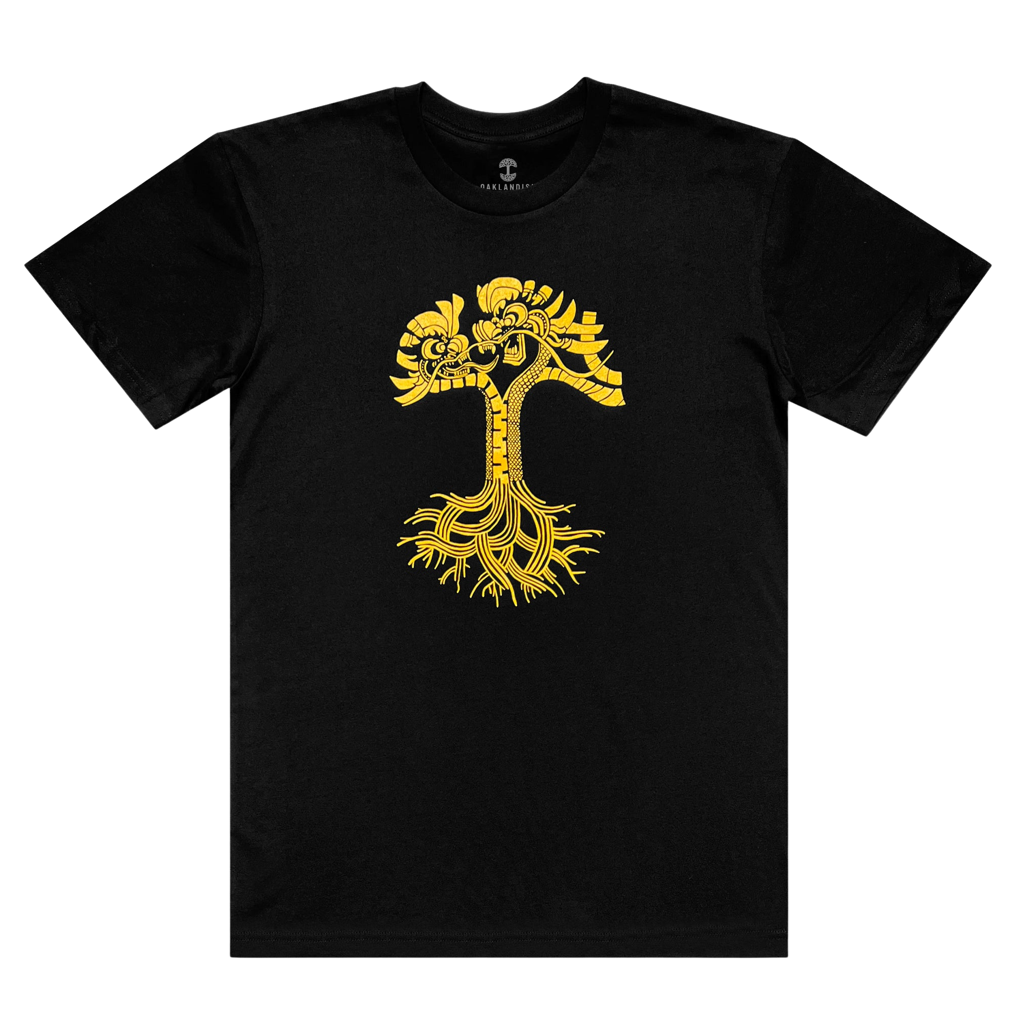 Introducing the Dragon Power Tee by Oaklandish: a black t-shirt showcasing an intricate yellow graphic centered on the front. The design resembles a stylized tree with winding branches that form dragon-like, symmetrical patterns at the top and detailed, root-like extensions at the bottom. This shirt features short sleeves and a round neckline.