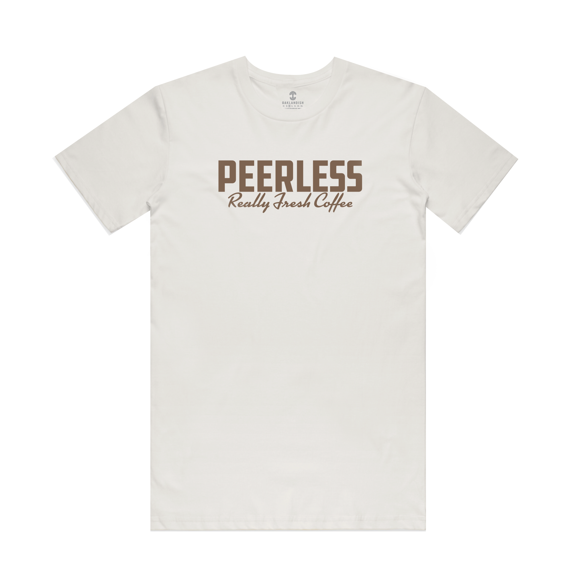 The Peerless Arabica Tee, part of the Oaklandish x Peerless Coffee collection, features a white base with brown text printed on the front. Bold, capital letters spell out "PEERLESS" above "Really Fresh Coffee" in a cursive font. The shirt is displayed flat against a white background.